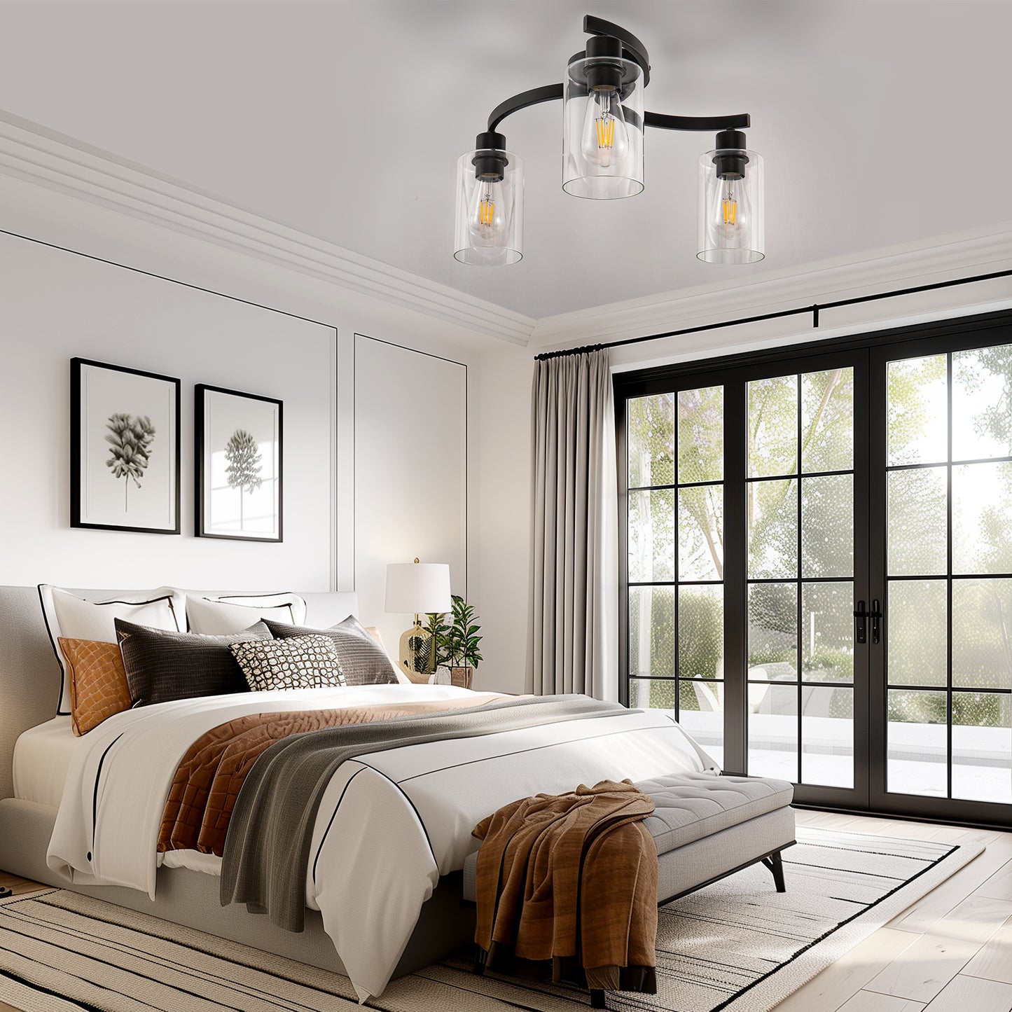 11.8 in. 3-Light Semi-Flush Mount Ceiling Light, Matte Black Bedroom Light Fixtures with Clear Glass Shades