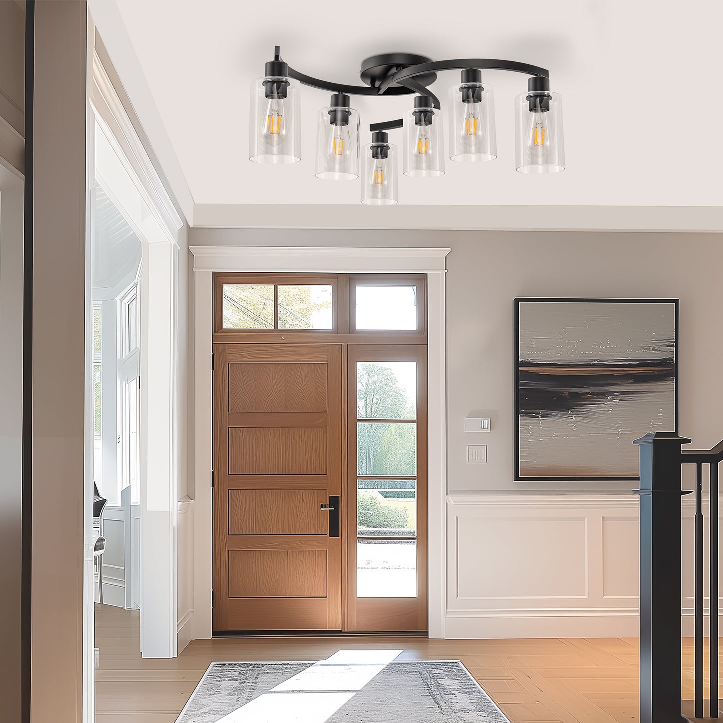 20.5 in. Black Semi-Flush Mount, 6-Light Industrial Ceiling Light, Hallway Light Fixtures with Clear Glass Shades