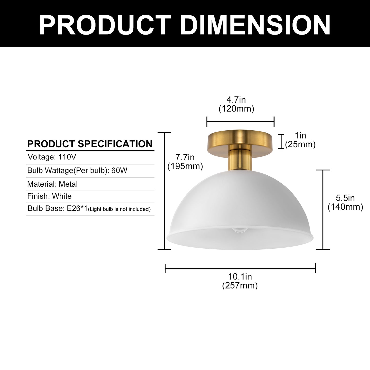 10 in. 1-Light White Semi-Flush Mount for Foyer, Kitchen, E26 Base, No Bulbs Included (2-Pack)