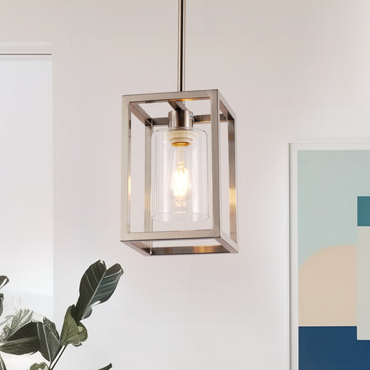 1-Light Brushed Nickel Kitchen Island Pendant Light with Down Rod Hanging Light Fixture with Clear Glass Shade