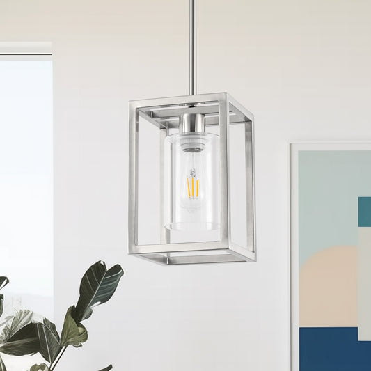 1-Light Brushed Nickel Kitchen Island Pendant Light with Down Rod Hanging Light Fixture with Clear Glass Shade