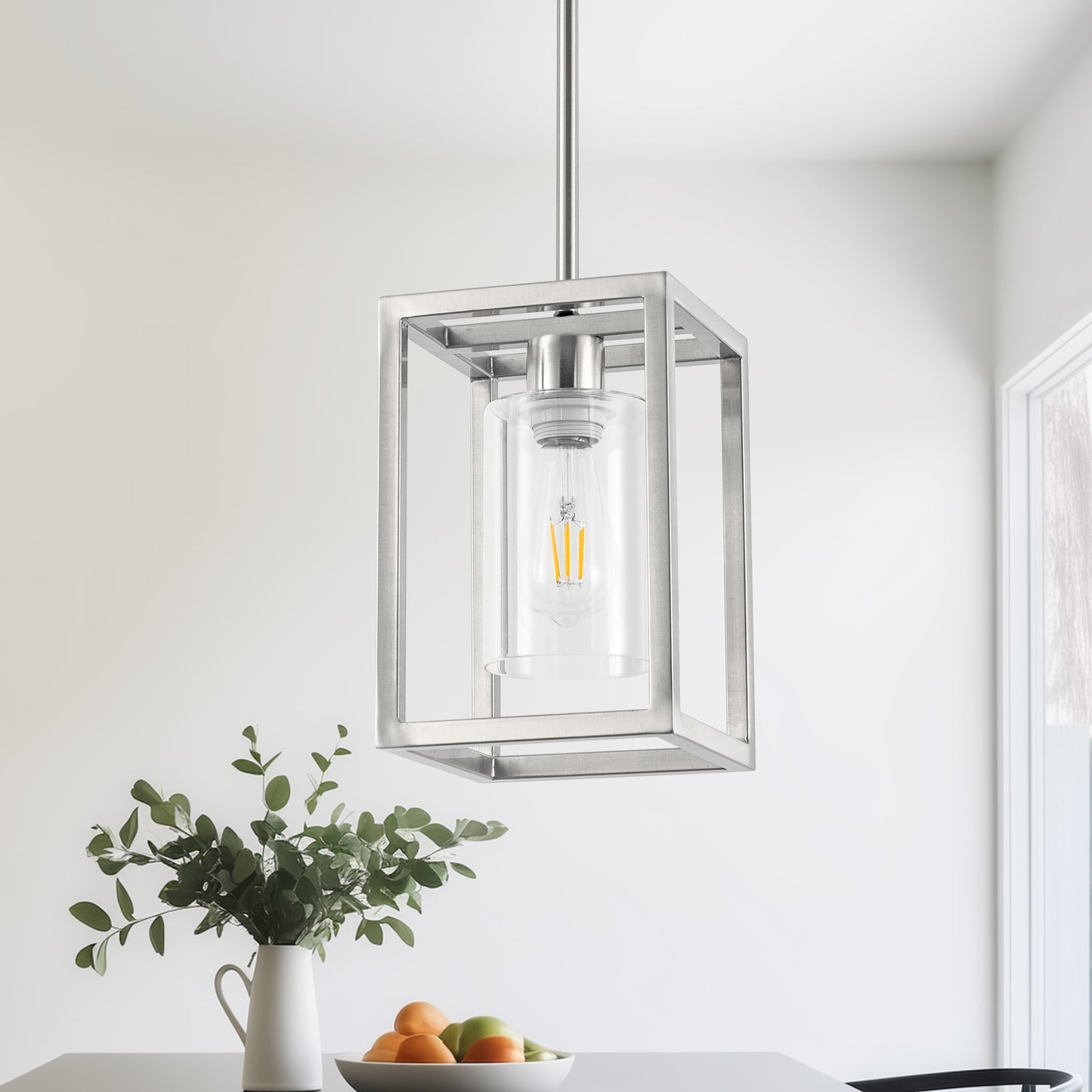 1-Light Brushed Nickel Kitchen Island Pendant Light with Down Rod Hanging Light Fixture with Clear Glass Shade