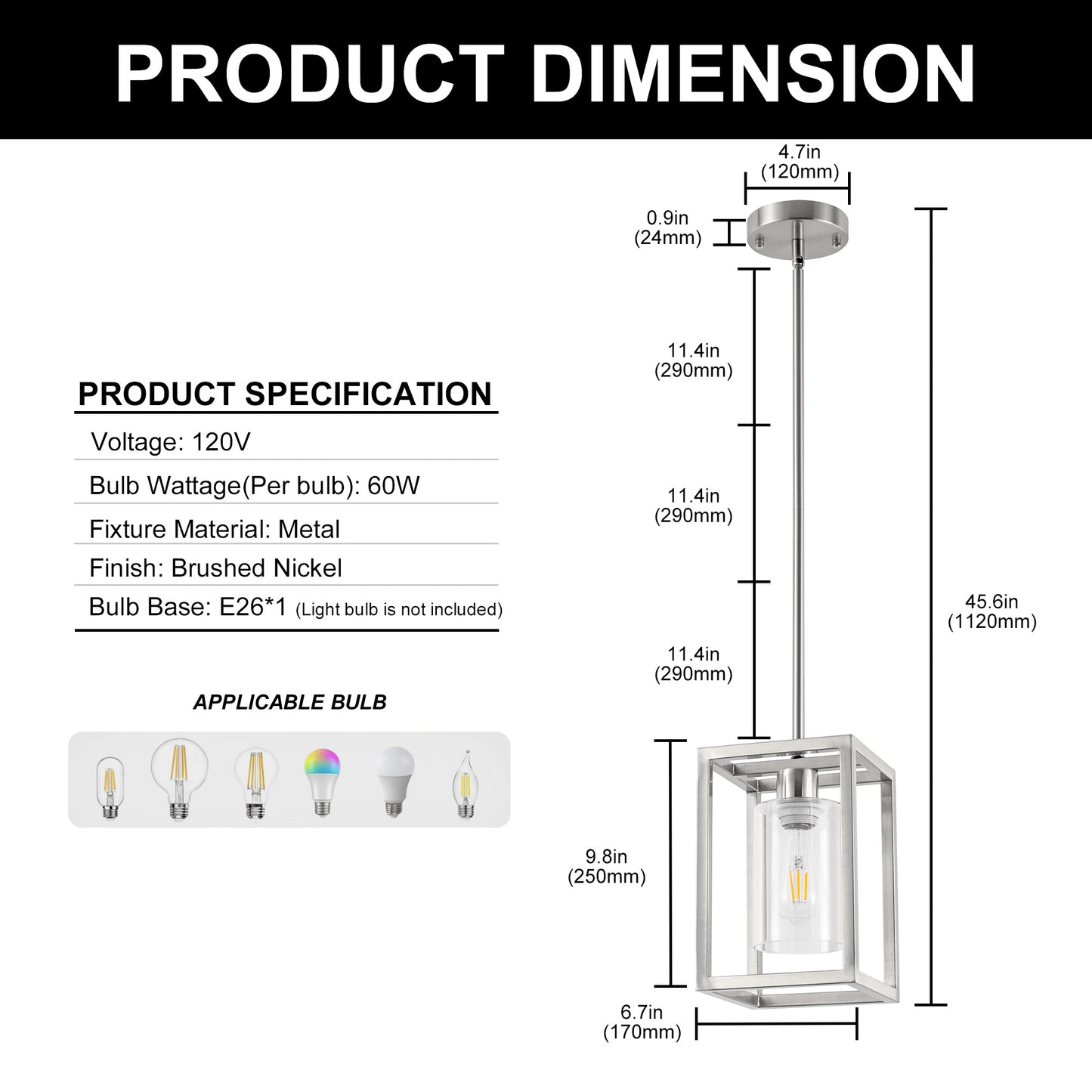 1-Light Brushed Nickel Kitchen Island Pendant Light with Down Rod Hanging Light Fixture with Clear Glass Shade