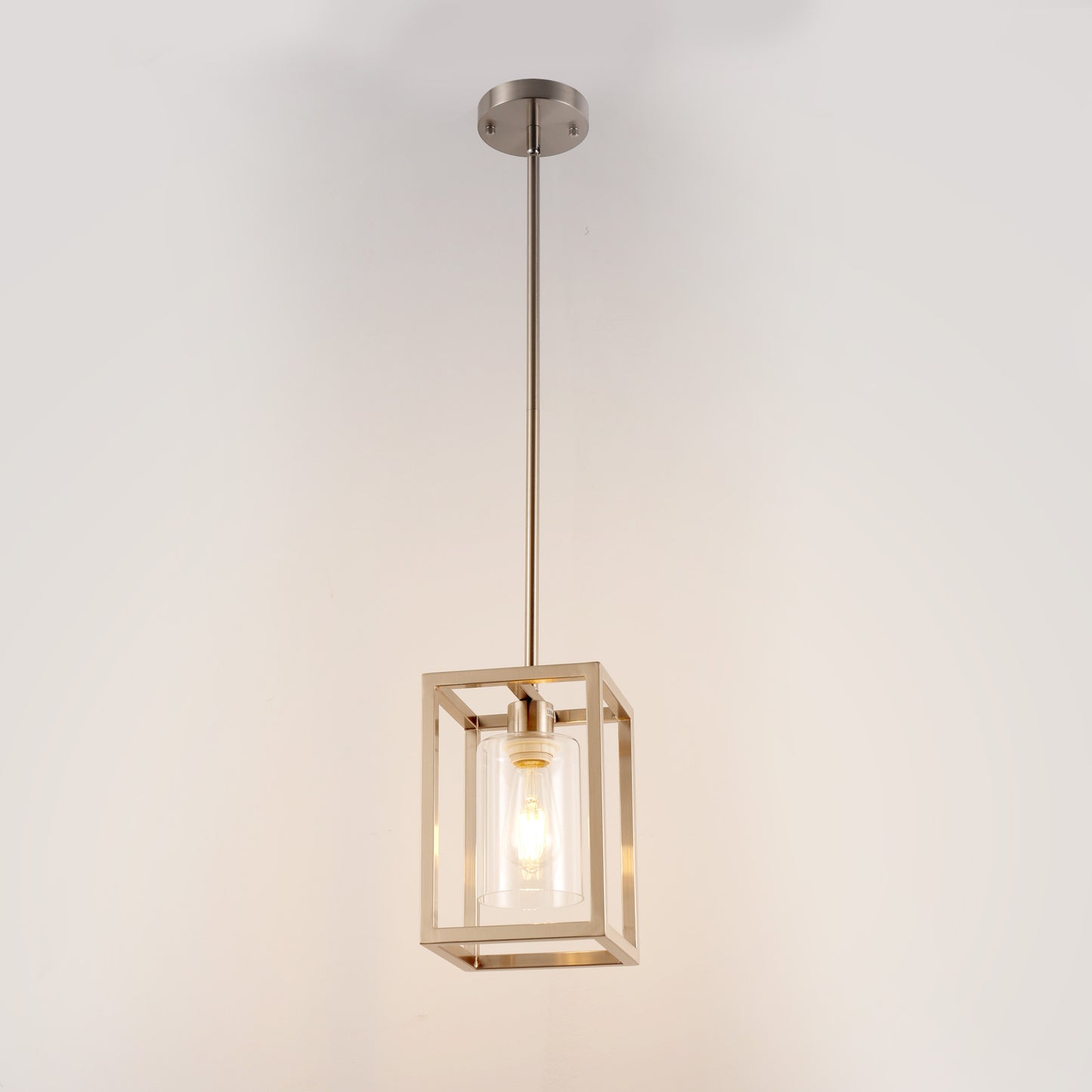 1-Light Brushed Nickel Kitchen Island Pendant Light with Down Rod Hanging Light Fixture with Clear Glass Shade