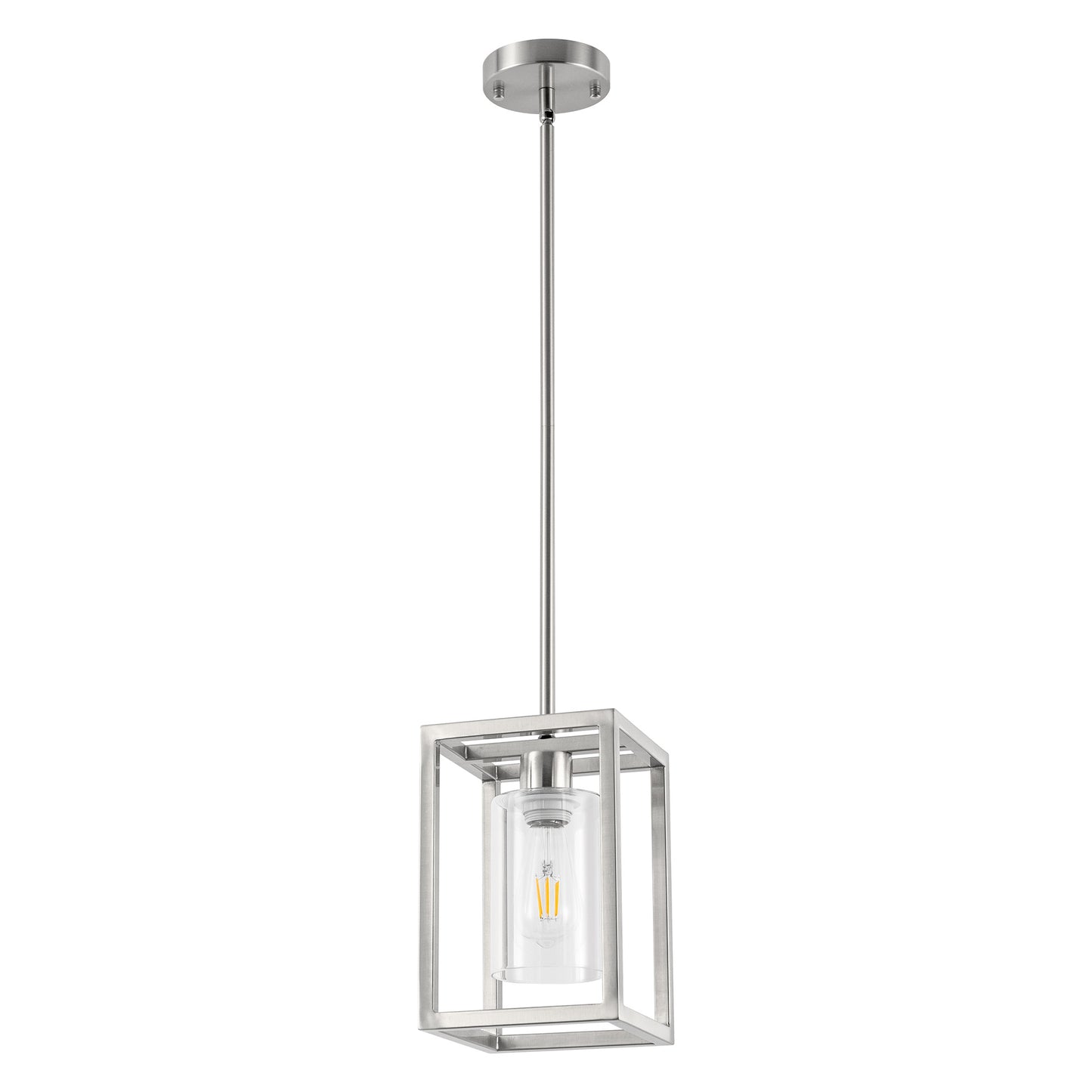 1-Light Brushed Nickel Kitchen Island Pendant Light with Down Rod Hanging Light Fixture with Clear Glass Shade