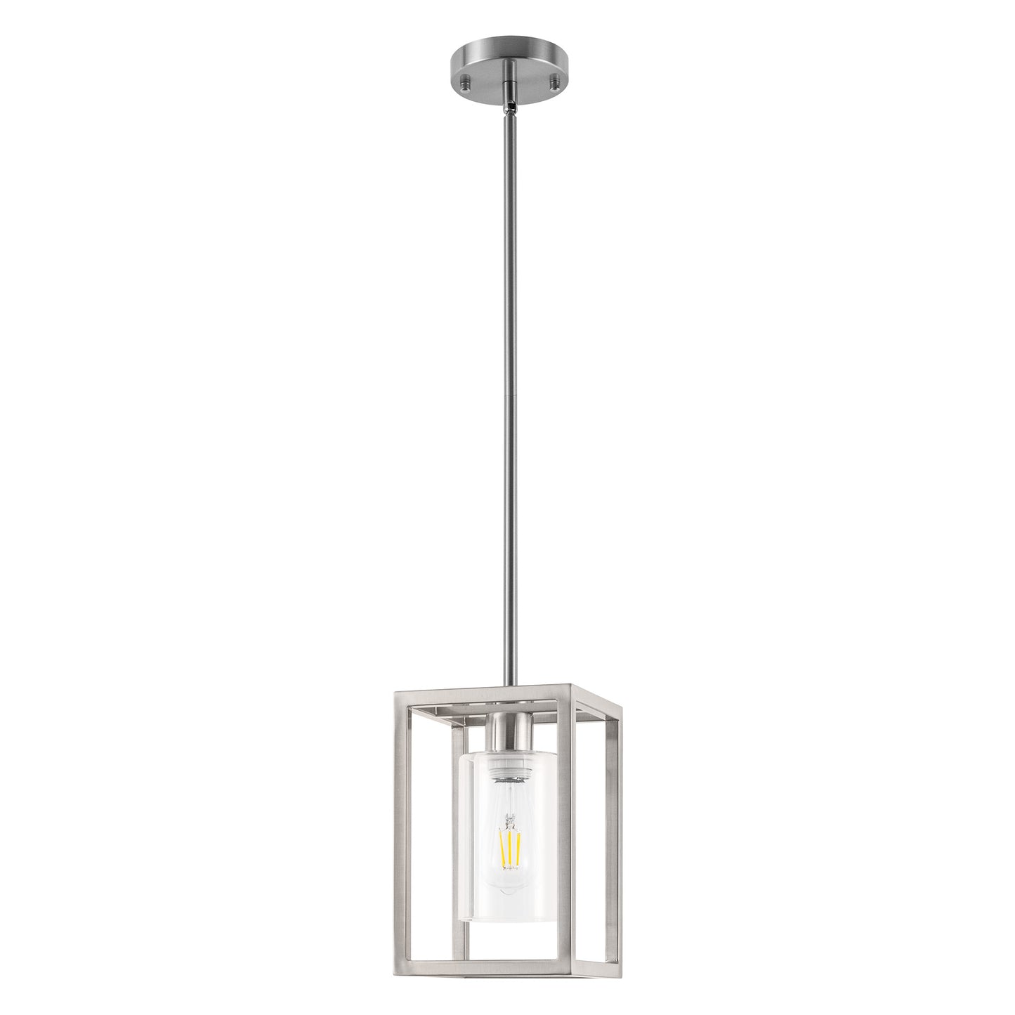 1-Light Brushed Nickel Kitchen Island Pendant Light with Down Rod Hanging Light Fixture with Clear Glass Shade