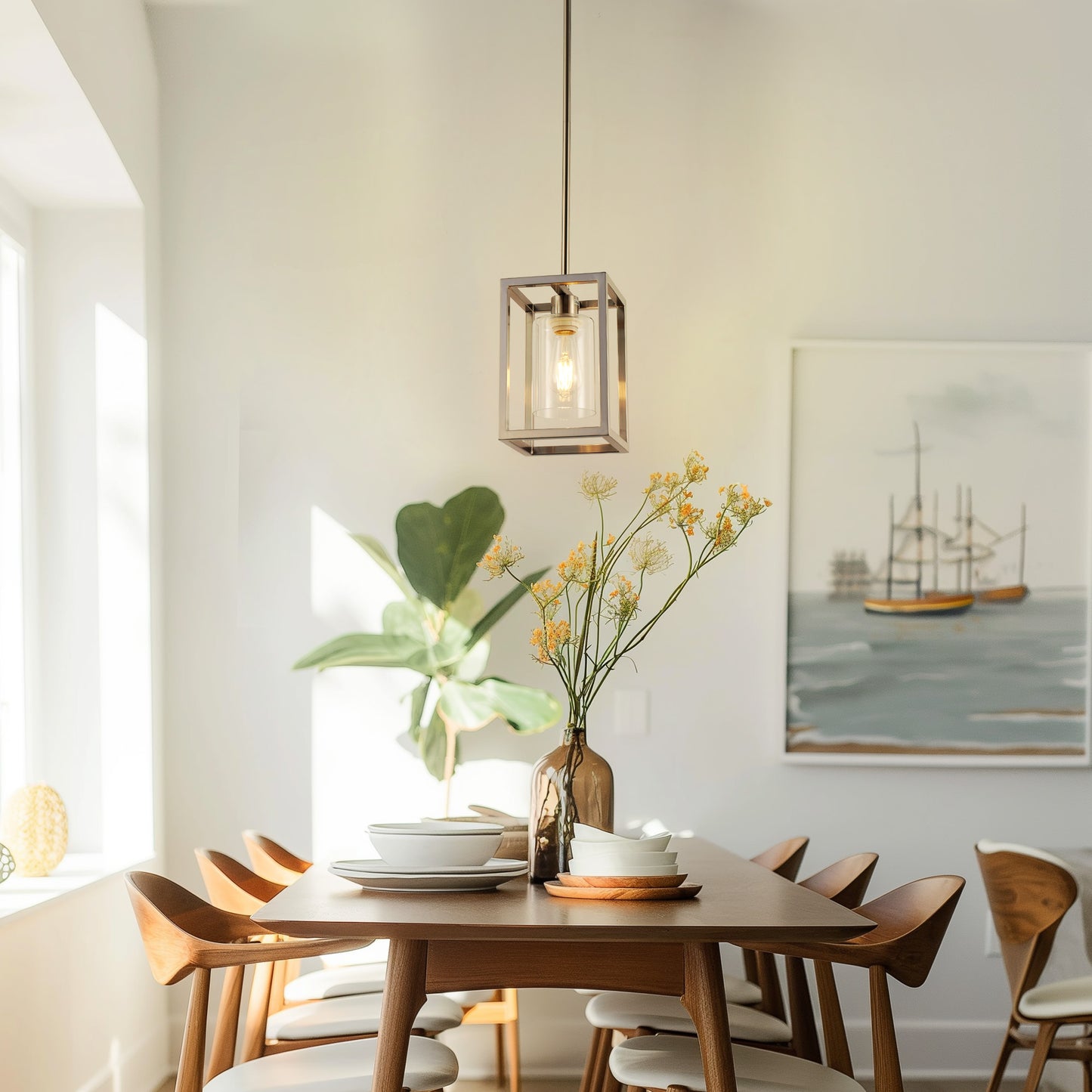 1-Light Brushed Nickel Kitchen Island Pendant Light with Down Rod Hanging Light Fixture with Clear Glass Shade