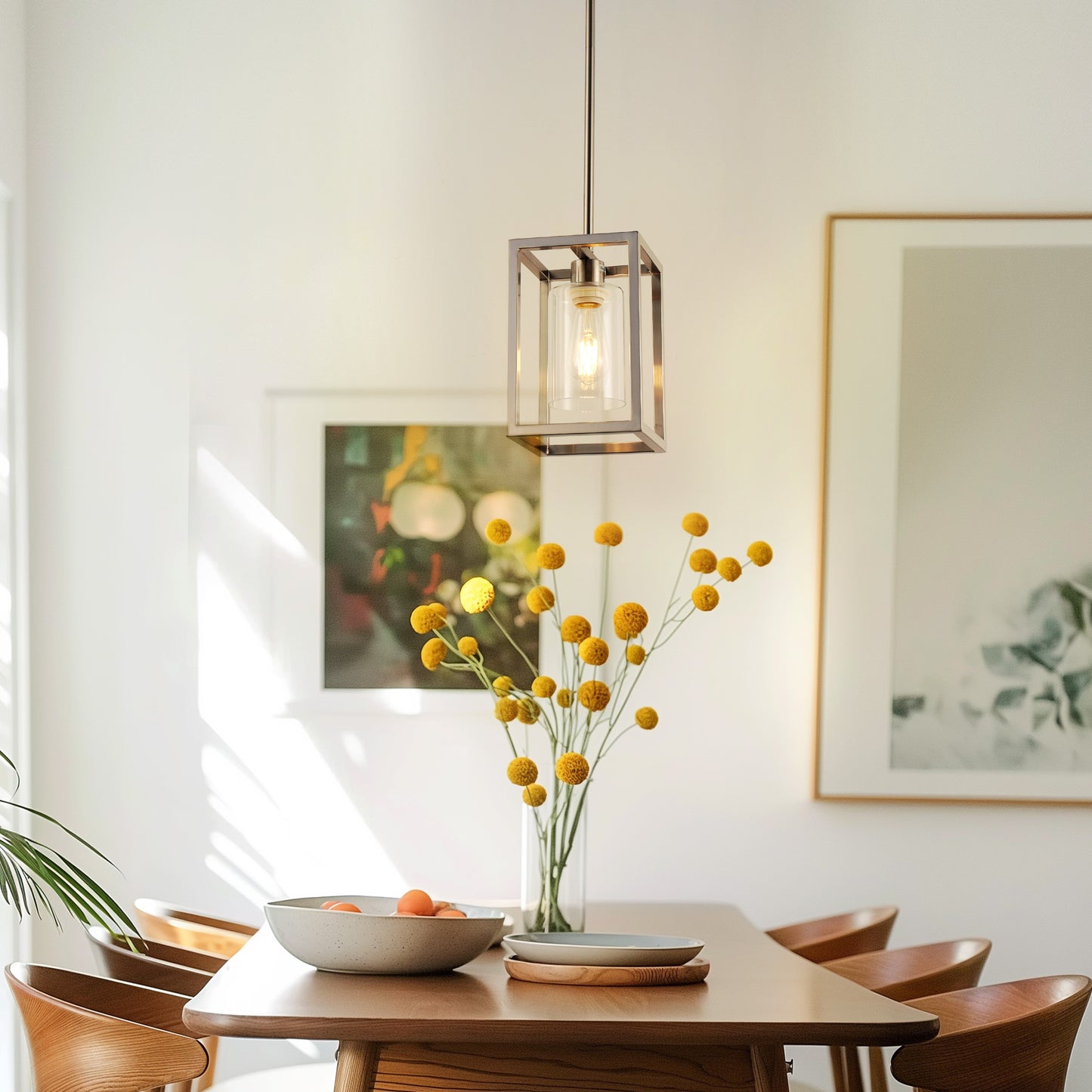 1-Light Brushed Nickel Kitchen Island Pendant Light with Down Rod Hanging Light Fixture with Clear Glass Shade