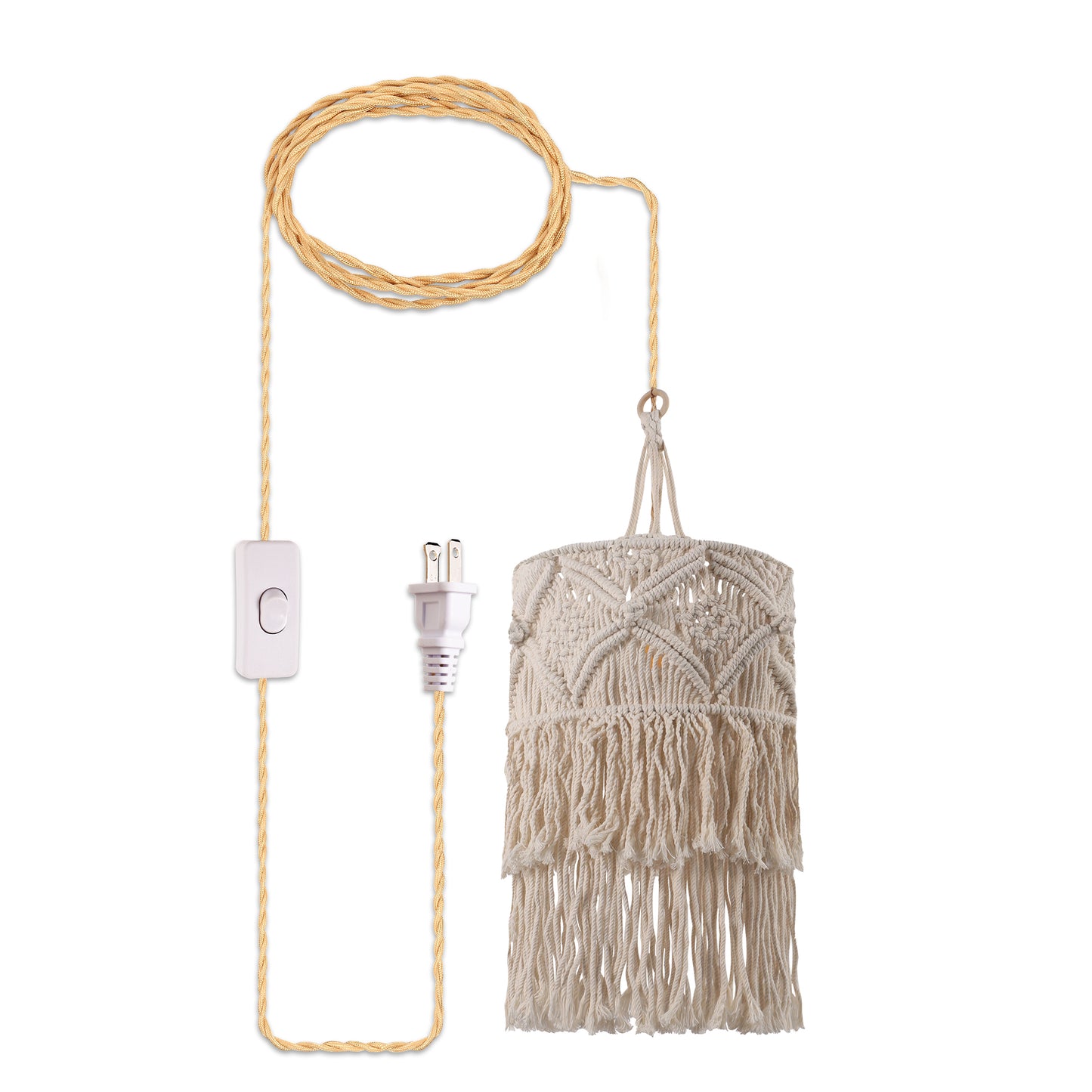 YANSUN 1-Light White Pendant Light Bohemian with Adjustable Macrame Rattan Shade, Plug-In and Adjustable Height