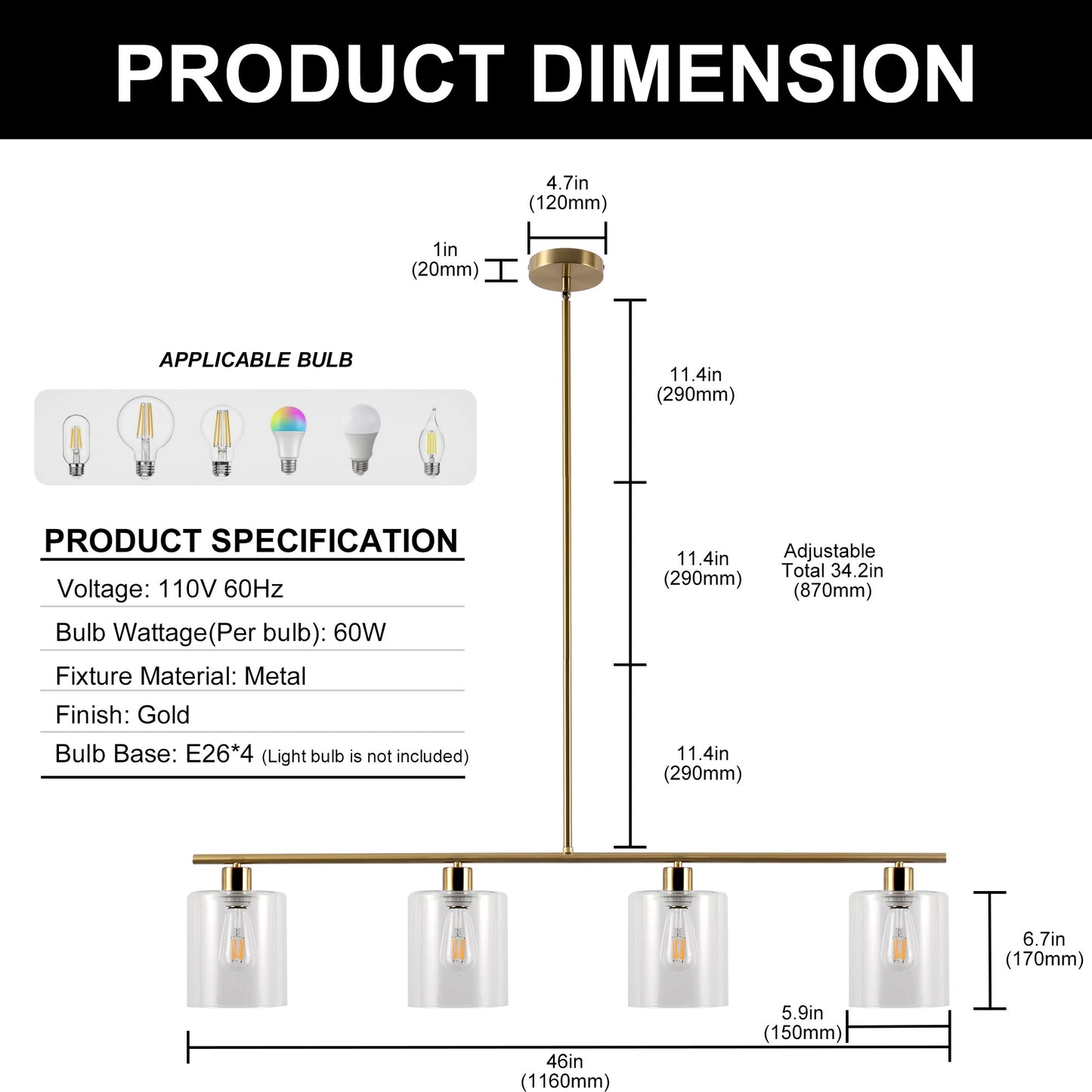 46 in. 4-Light Gold Modern Island Pendant Light, Linear Chandelier Hanging Light w/ Clear Glass Shade for Kitchen Island