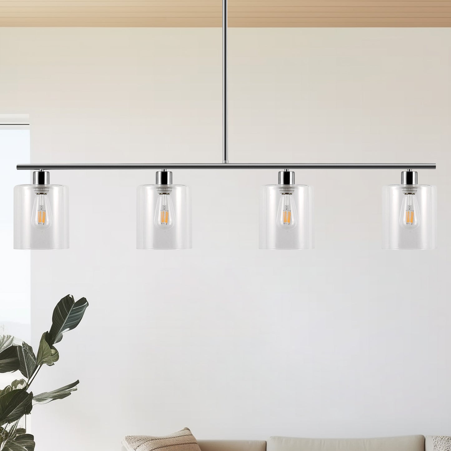 4-Light Brushed Nickel Modern Island Pendant Light Fixtures, Linear Chandelier Hanging Light with Clear Glass Shade