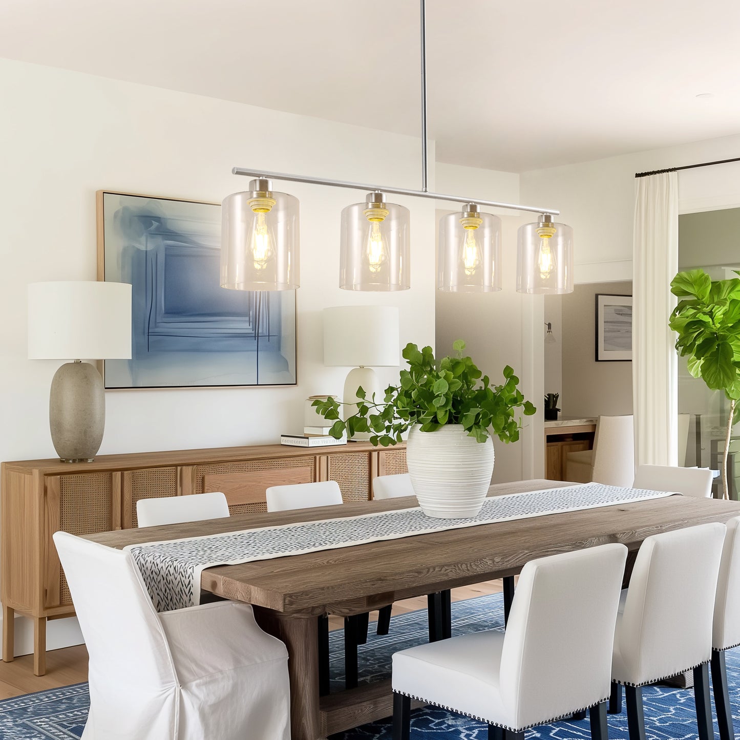 4-Light Brushed Nickel Modern Island Pendant Light Fixtures, Linear Chandelier Hanging Light with Clear Glass Shade