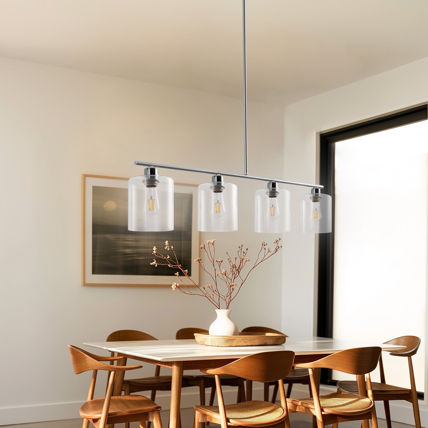 4-Light Brushed Nickel Modern Island Pendant Light Fixtures, Linear Chandelier Hanging Light with Clear Glass Shade