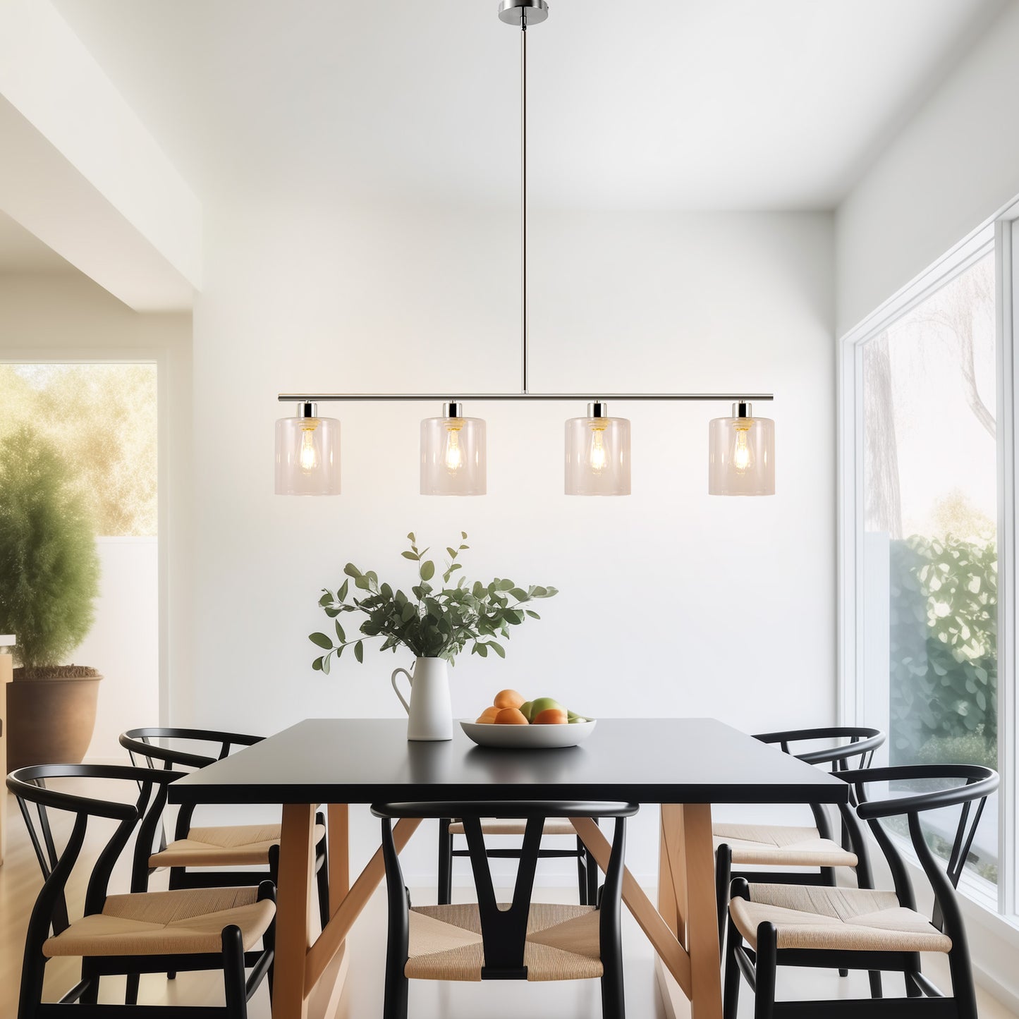 4-Light Brushed Nickel Modern Island Pendant Light Fixtures, Linear Chandelier Hanging Light with Clear Glass Shade