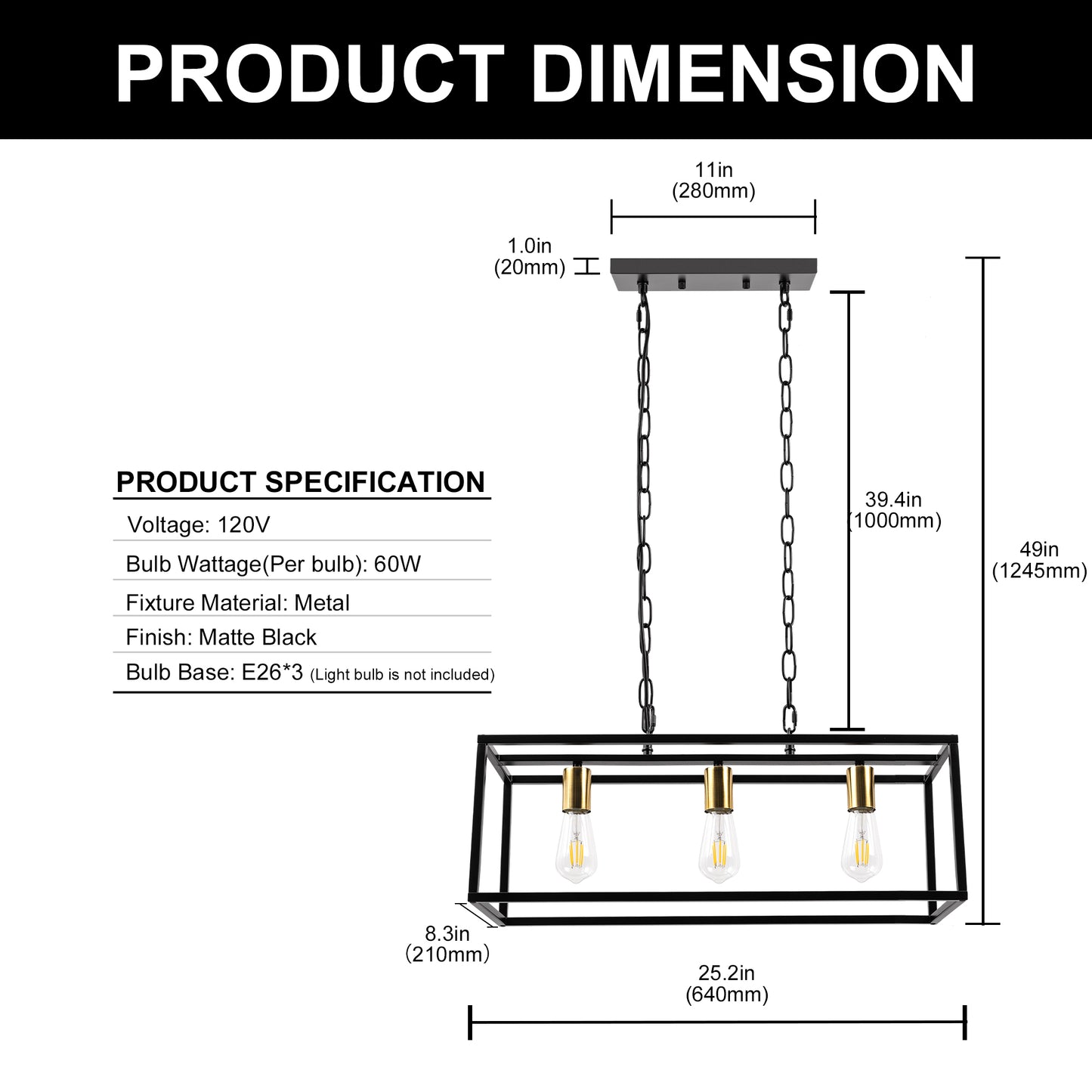 3 - Light Dimmable Kitchen Island Linear Chandelier Square Linear Pendant Light for Dining Room Industrial Style