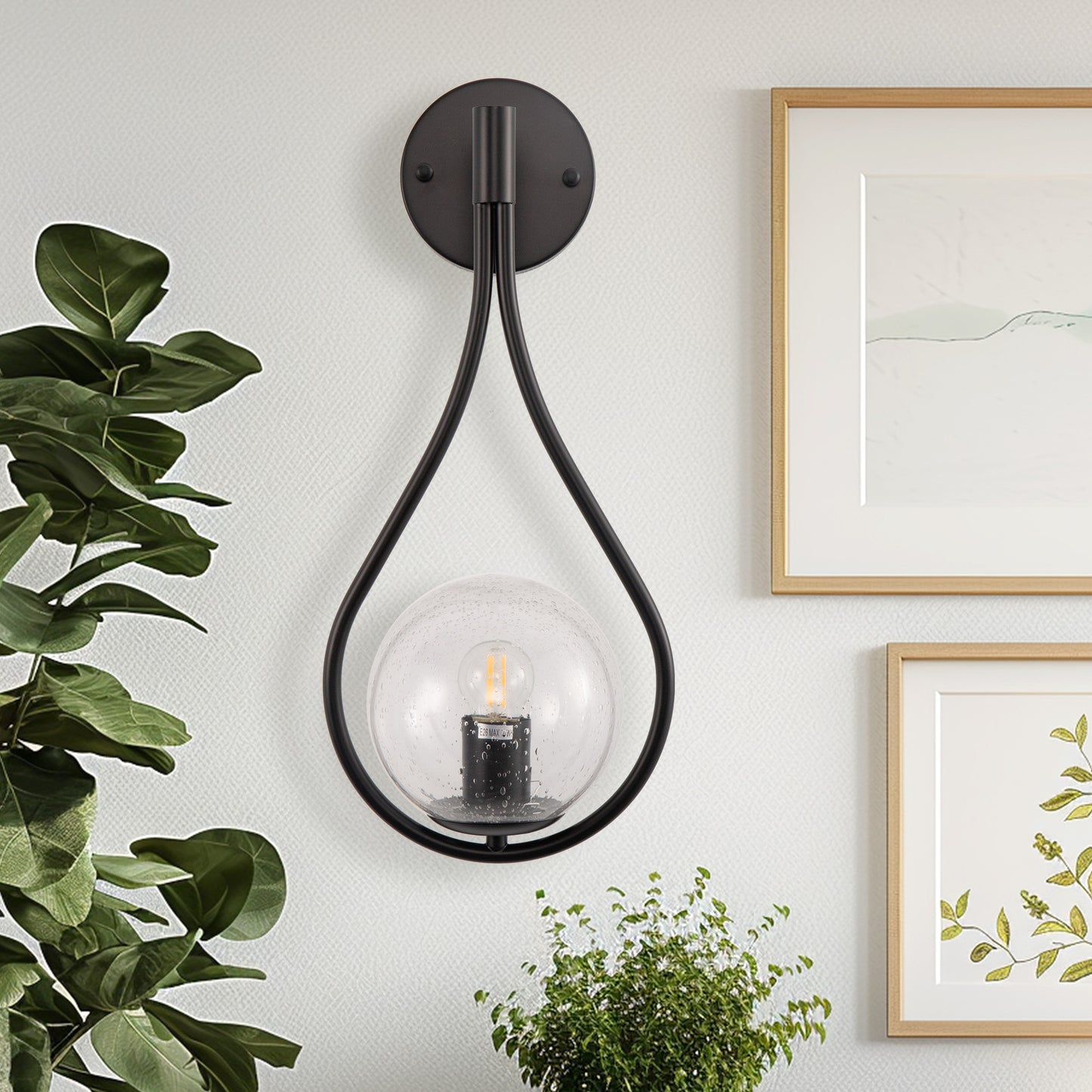 7.87 in. 1-Light Black Modern Globe Wall Sconce with Seeded Glass Shade for Living Room