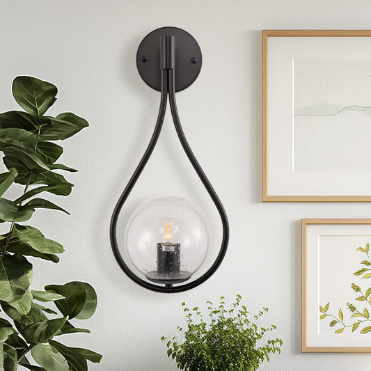 7.87 in. 1-Light Black Modern Globe Wall Sconce with Seeded Glass Shade for Living Room