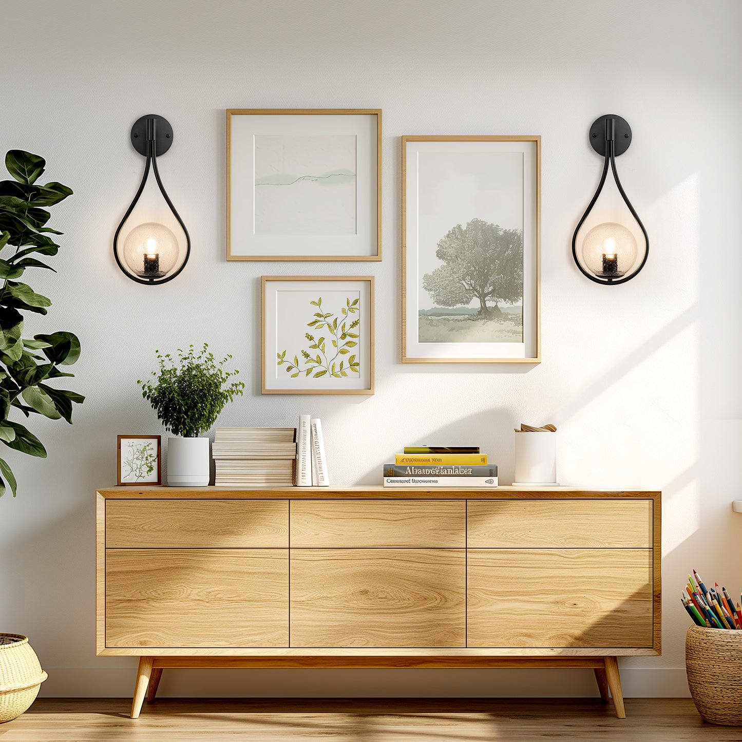 7.87 in. 1-Light Black Modern Globe Wall Sconce with Seeded Glass Shade for Living Room