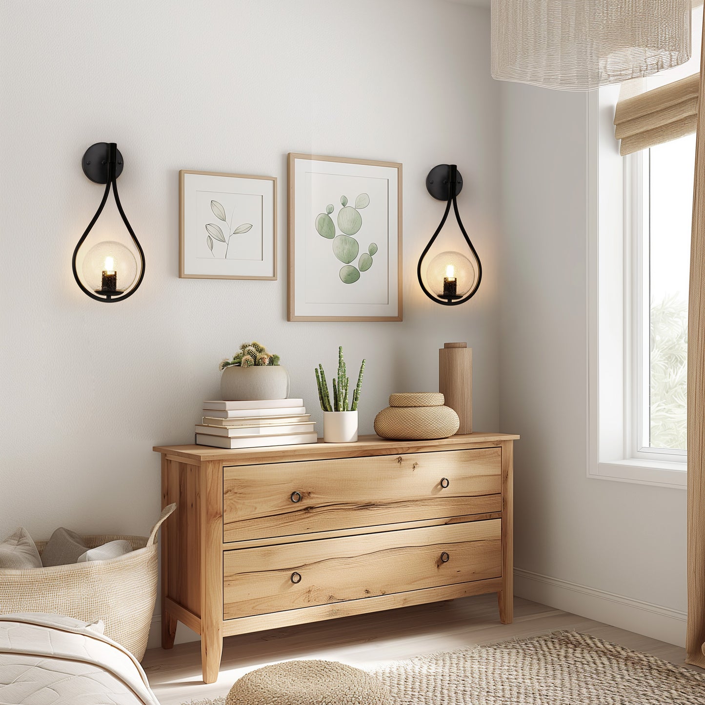 7.87 in. 1-Light Black Modern Globe Wall Sconce with Seeded Glass Shade for Living Room