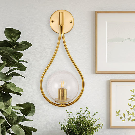 7.87 in. 1-Light Gold Wall Sconce Mid-Century Water Drop Design with Global Seeded Glass Shade for Bedroom Bedsides