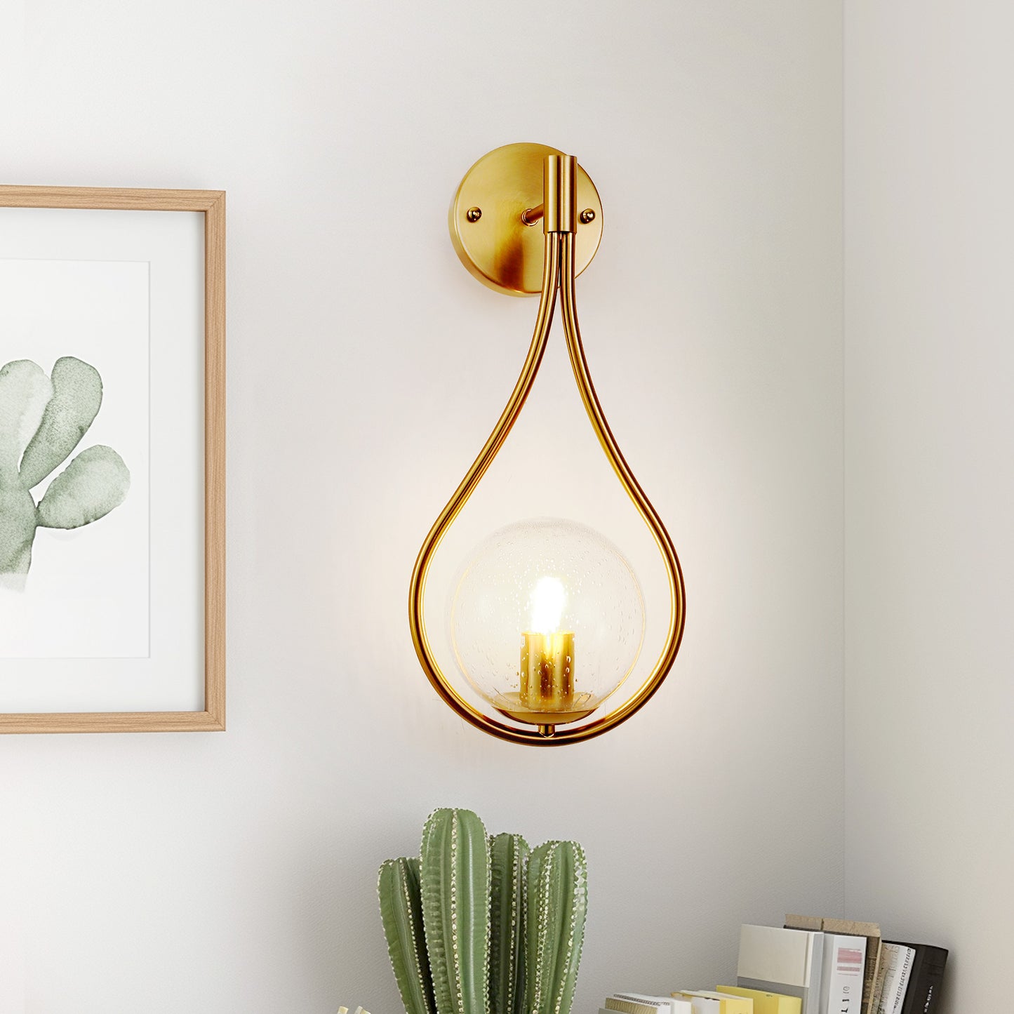 7.87 in. 1-Light Gold Wall Sconce Mid-Century Water Drop Design with Global Seeded Glass Shade for Bedroom Bedsides