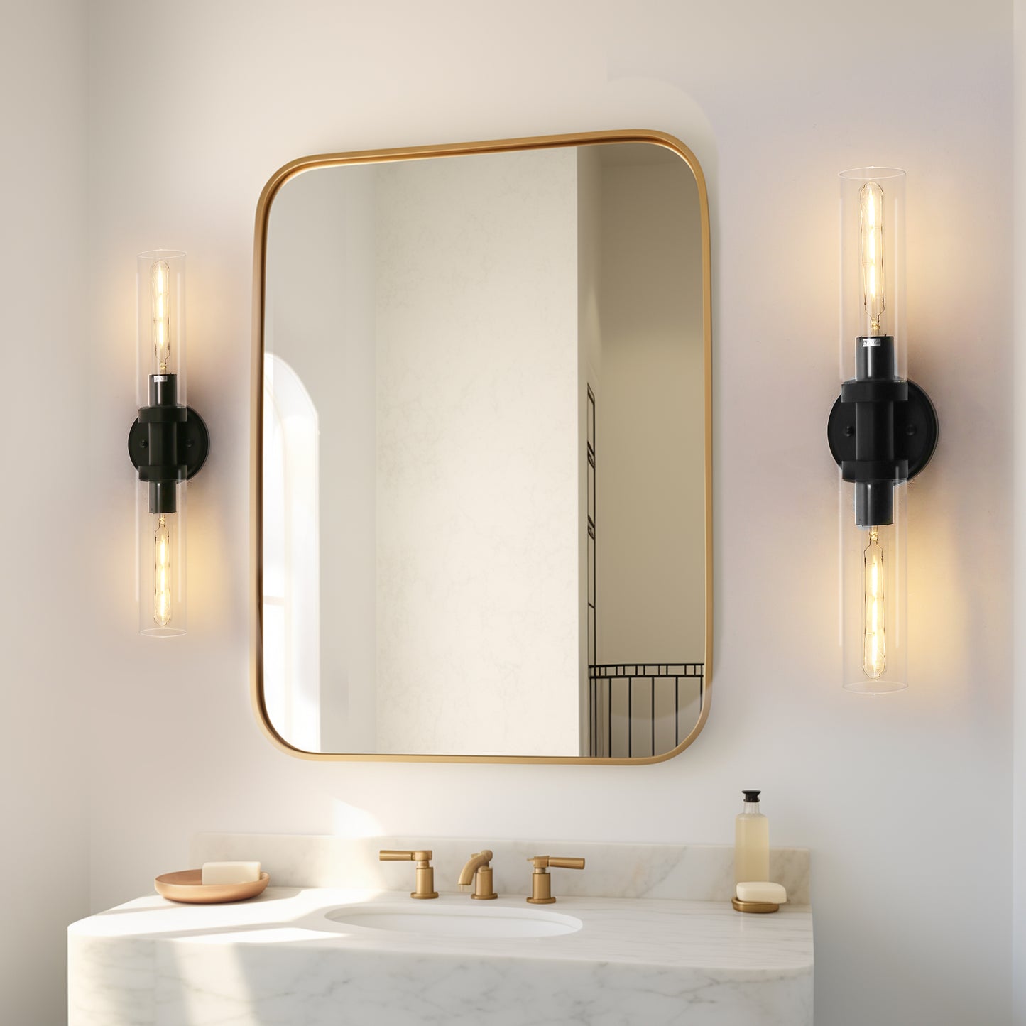 18 in. 2-Light Black Bathroom Sconces with Clear Glass, Bathroom Vanity Light Fixtures, Modern Wall Lights for Mirror