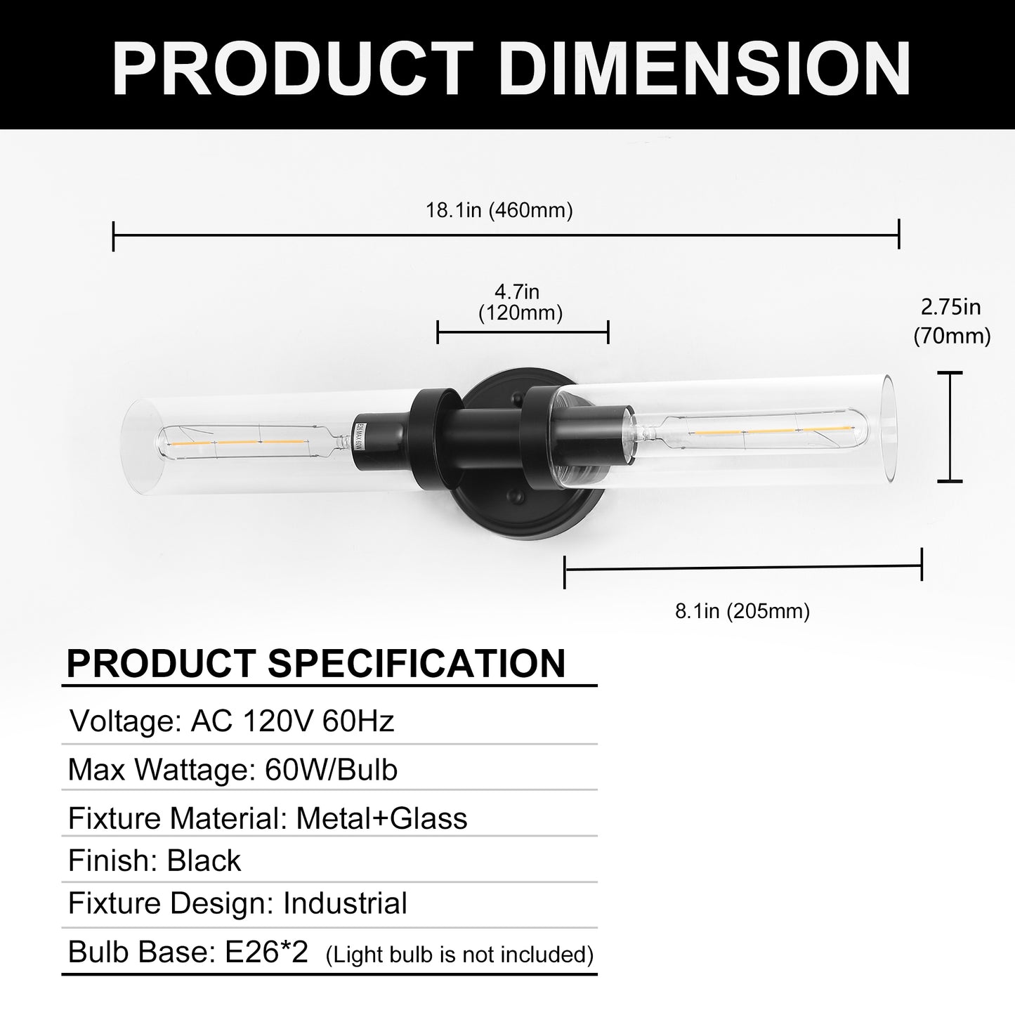 18 in. 2-Light Black Bathroom Sconces with Clear Glass, Bathroom Vanity Light Fixtures, Modern Wall Lights for Mirror