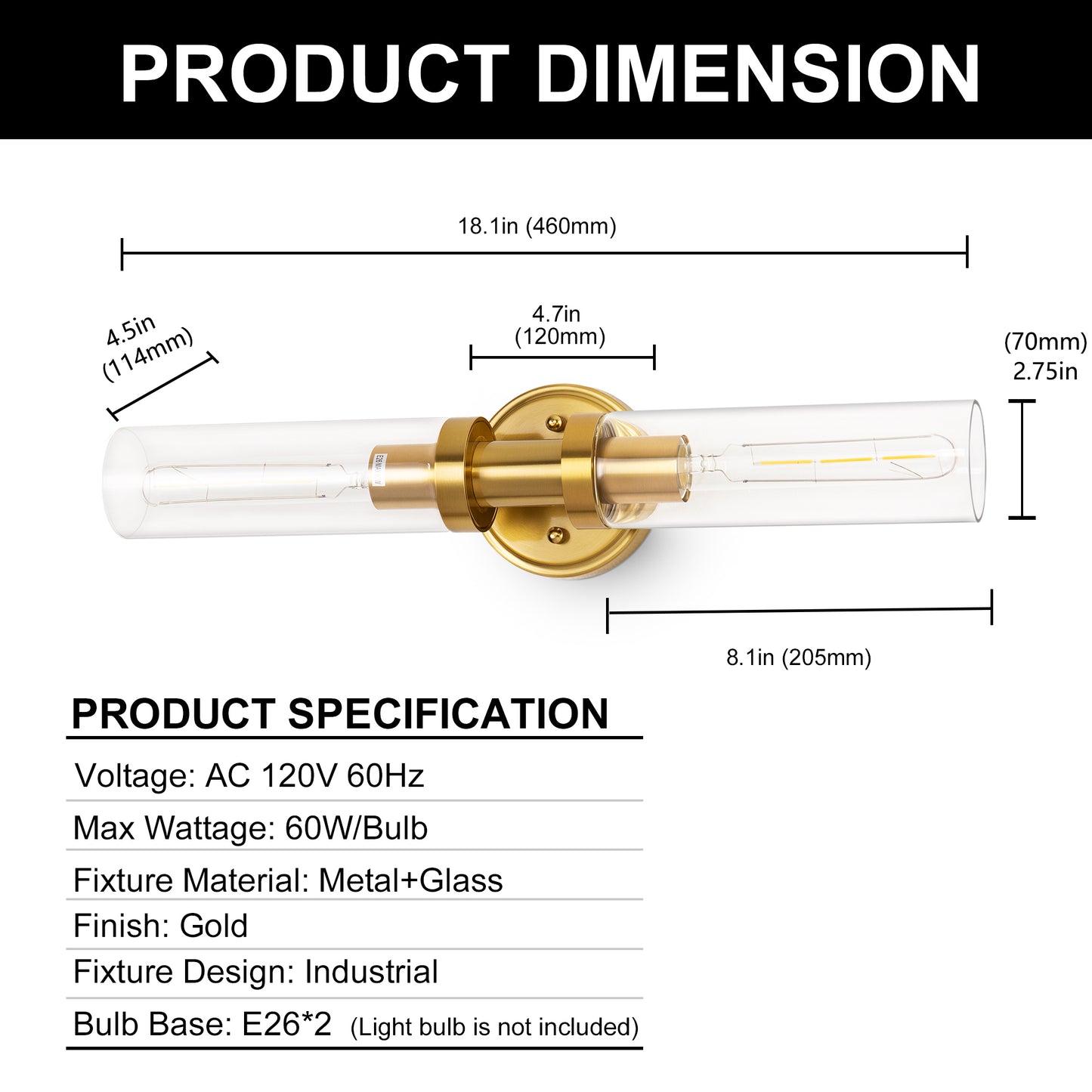 18 in. 2-Light Gold Bathroom Sconces with Clear Glass, Bathroom Vanity Light Fixtures, Modern Wall Lights for Mirror