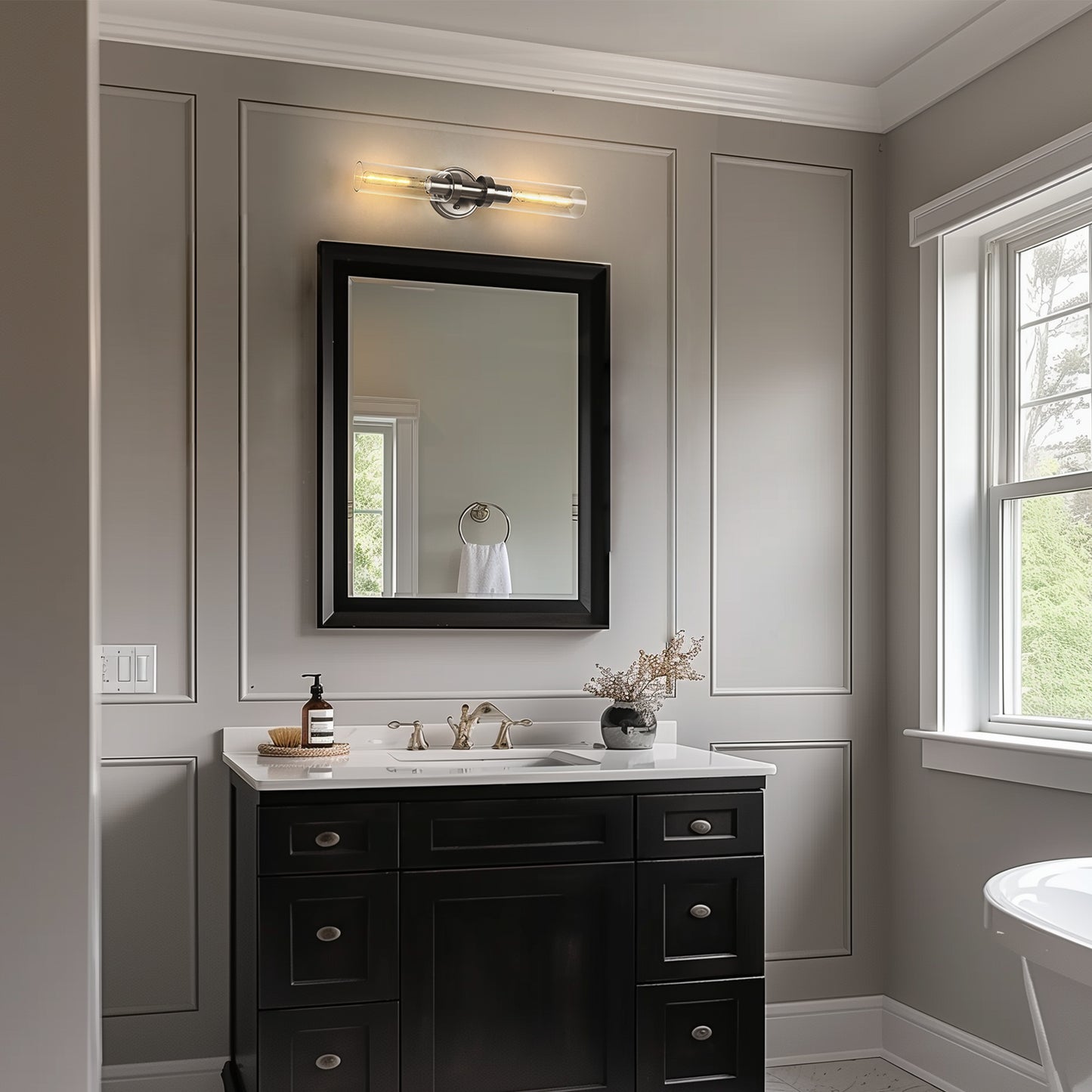 18 in. 2-Light Brushed Nickel Bathroom Sconces with Clear Glass, Bathroom Vanity Light Fixtures, Modern Wall Lights