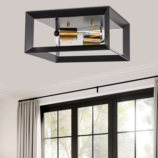 11.41 in. 2-Light Black and Gold Farmhouse Caged Square Flush Mount Industrial Vintage Ceiling Lighting