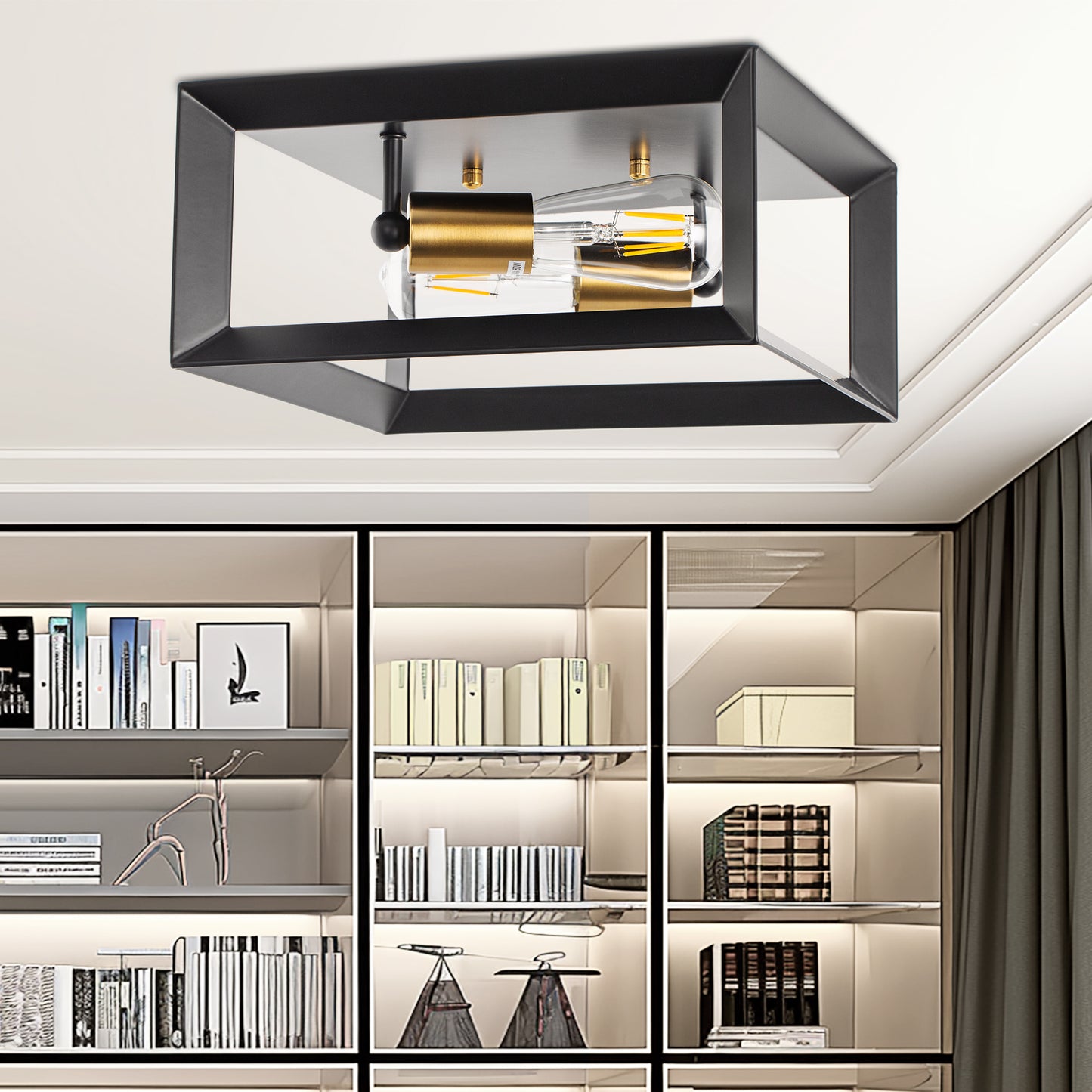 11.41 in. 2-Light Black and Gold Farmhouse Caged Square Flush Mount Industrial Vintage Ceiling Lighting