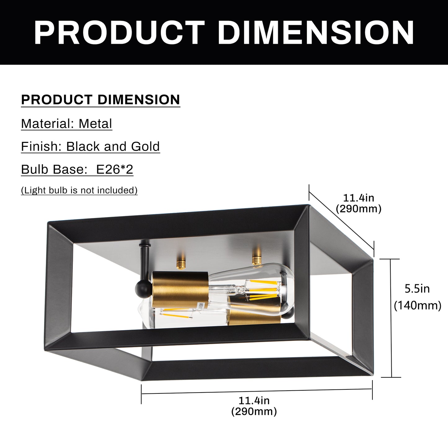 11.41 in. 2-Light Black and Gold Farmhouse Caged Square Flush Mount Industrial Vintage Ceiling Lighting