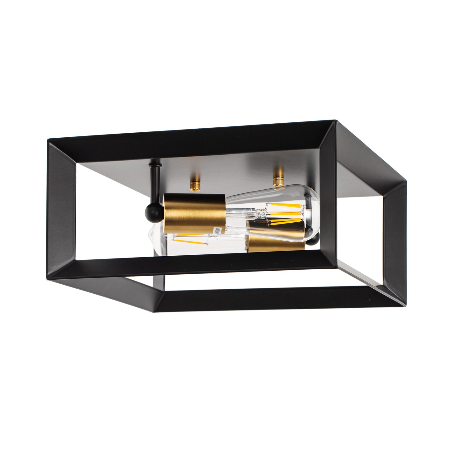11.41 in. 2-Light Black and Gold Farmhouse Caged Square Flush Mount Industrial Vintage Ceiling Lighting
