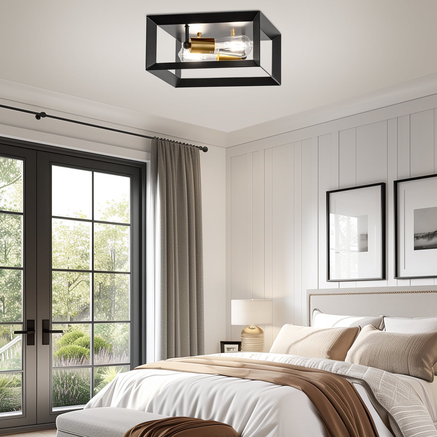 11.41 in. 2-Light Black and Gold Farmhouse Caged Square Flush Mount Industrial Vintage Ceiling Lighting