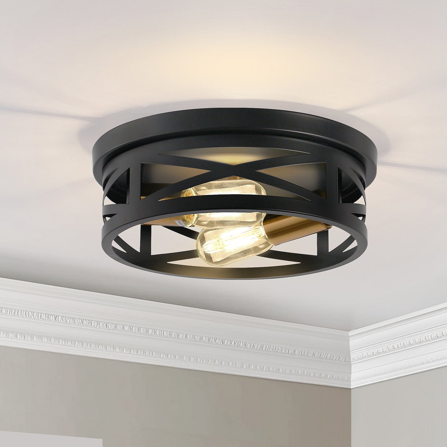 10.6 in. 2-Light Black Flush Mount Ceiling Light with Copper Accents,for Foyer Corridor No Bulbs Included (2-Pack)