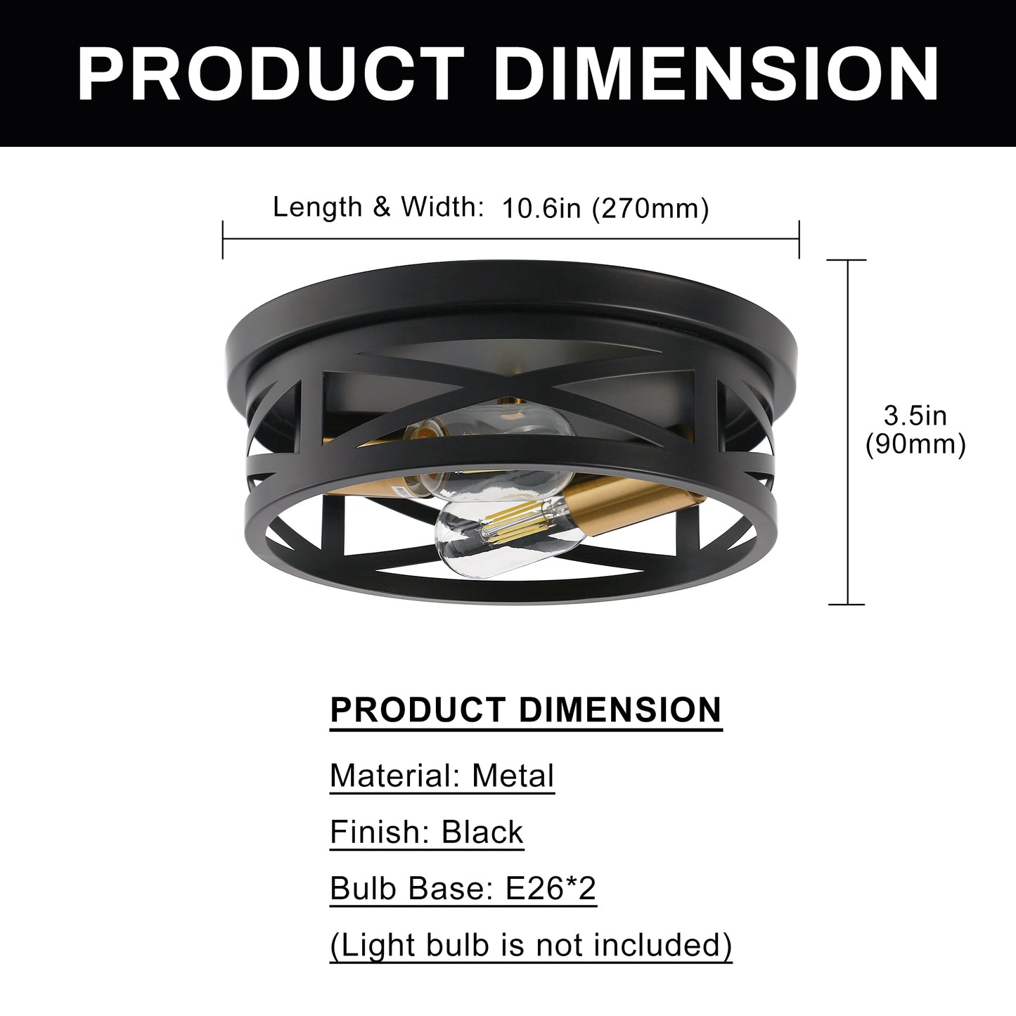 10.6 in. 2-Light Black Flush Mount Ceiling Light with Copper Accents,for Foyer Corridor No Bulbs Included (2-Pack)