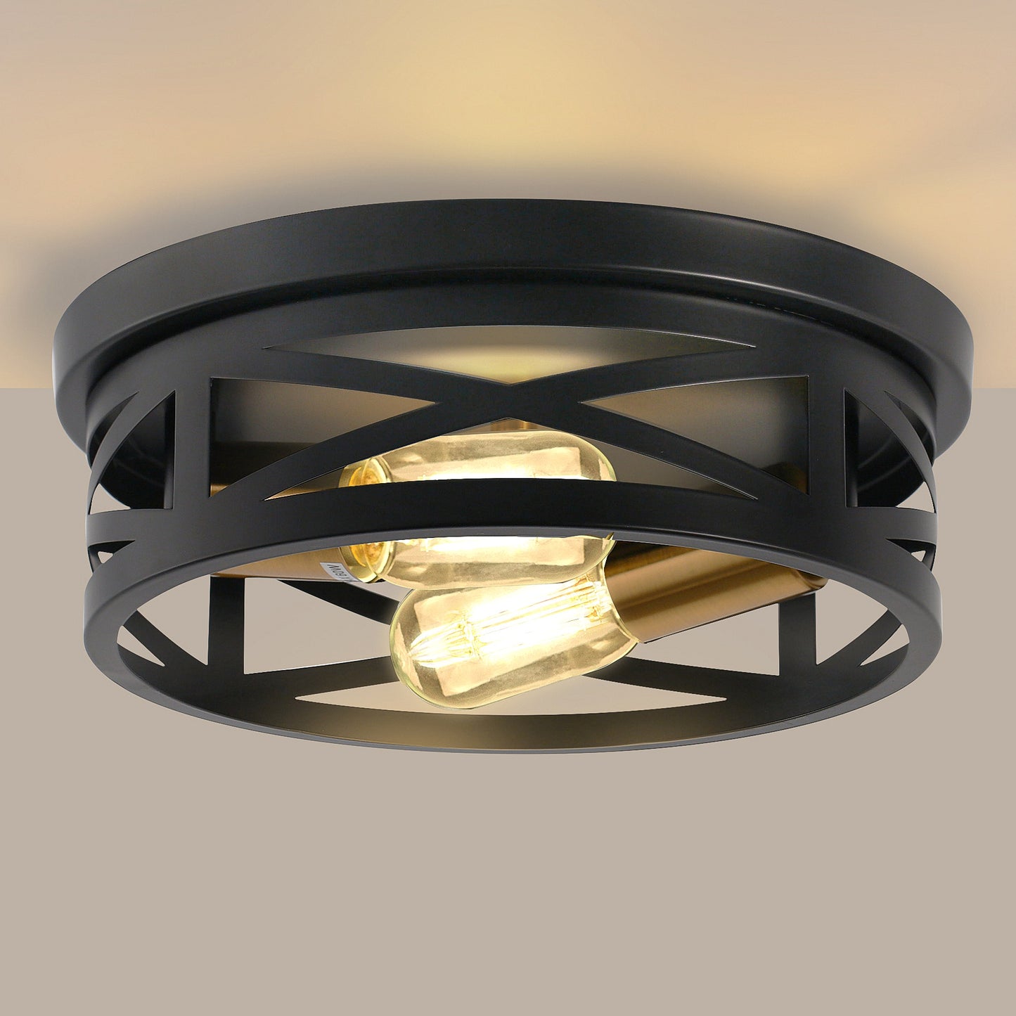10.6 in. 2-Light Black Flush Mount Ceiling Light with Copper Accents,for Foyer Corridor No Bulbs Included (2-Pack)