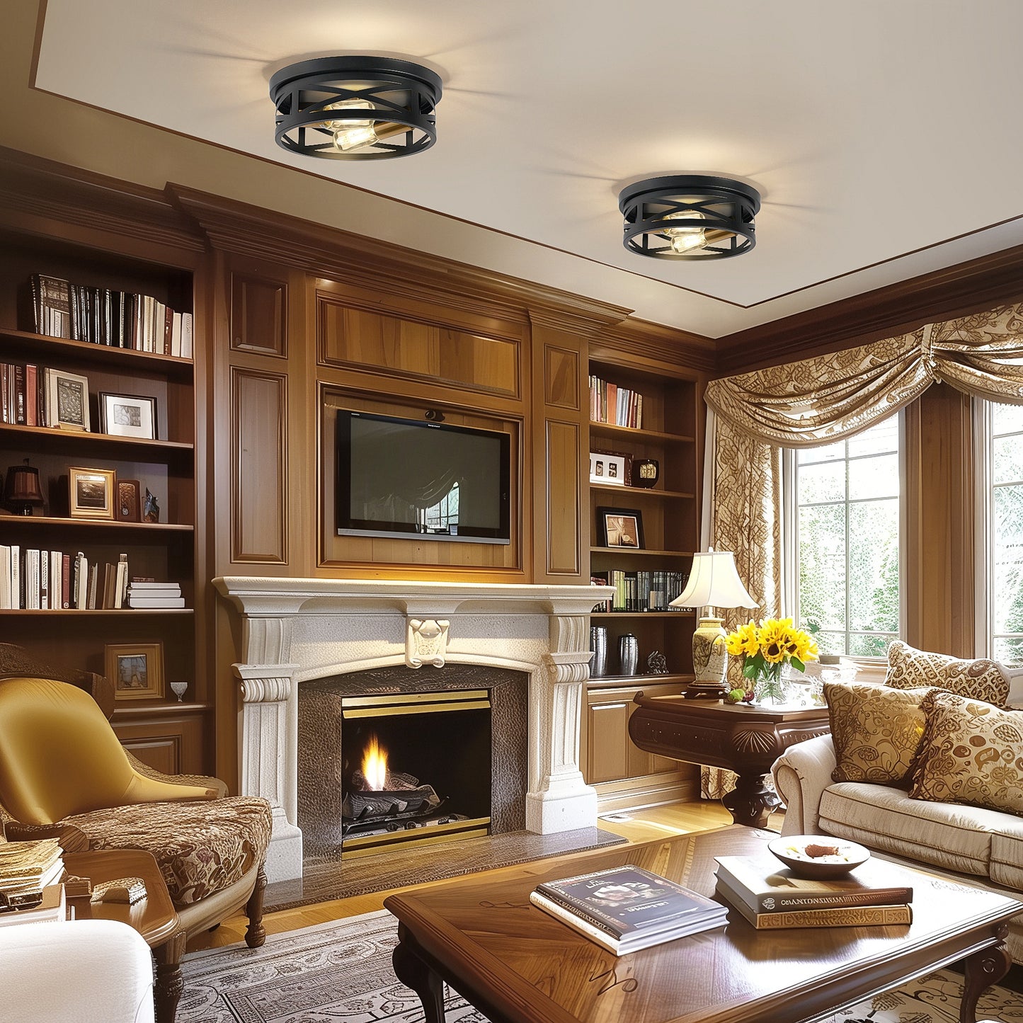 10.6 in. 2-Light Black Flush Mount Ceiling Light with Copper Accents,for Foyer Corridor No Bulbs Included (2-Pack)