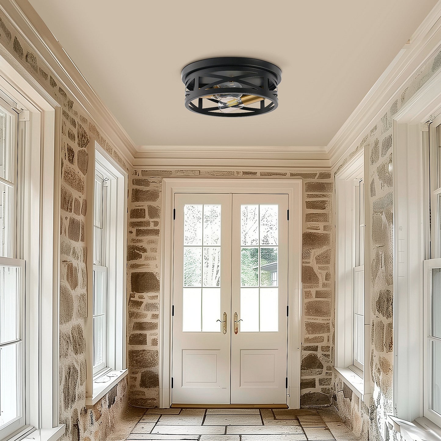 10.6 in. 2-Light Black Flush Mount Ceiling Light with Copper Accents,for Foyer Corridor No Bulbs Included (2-Pack)