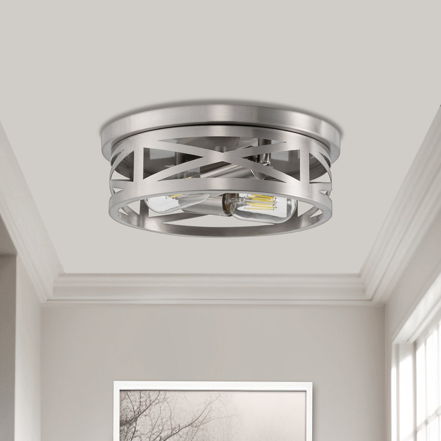 11 in. 2-Light Nickel Farmhouse Flush Mount with Drum Metal Cage Shade for Entryway Bedroom