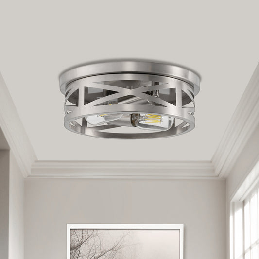 11 in. 2-Light Nickel Farmhouse Flush Mount with Drum Metal Cage Shade for Entryway Bedroom