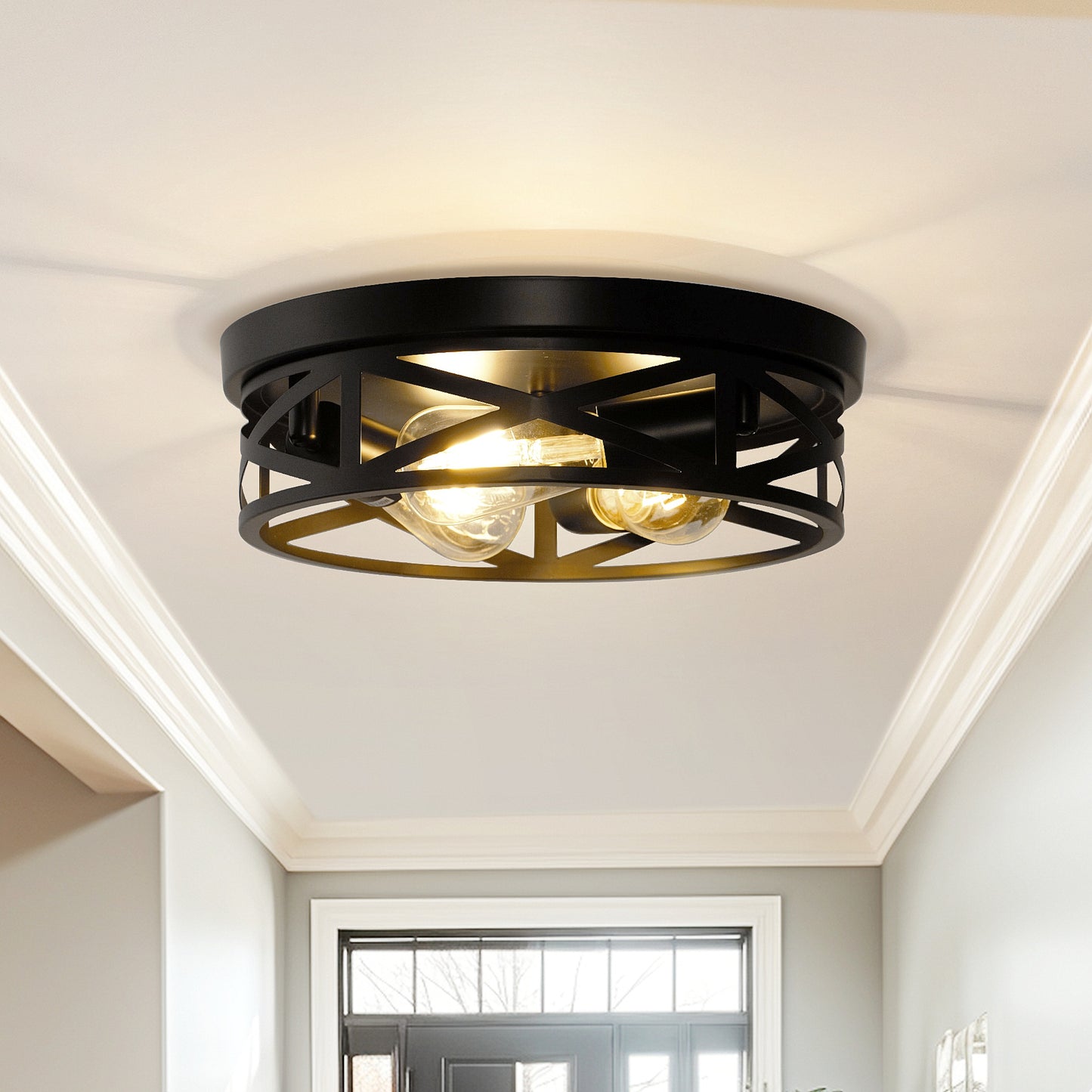 12.6 in. 3-Light Farmhouse Matte Black Flush Mount Ceiling Light with No Bulbs Included