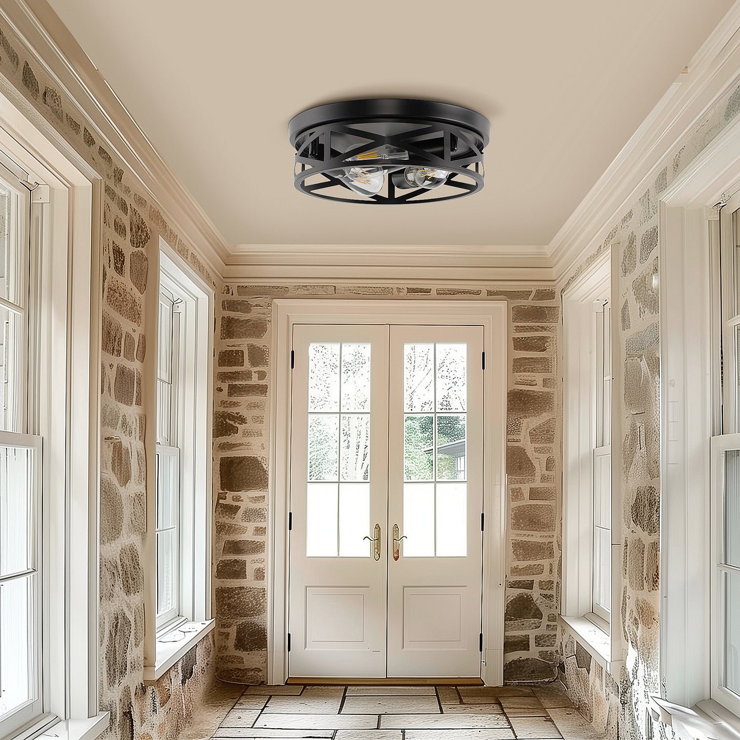 12.6 in. 3-Light Farmhouse Matte Black Flush Mount Ceiling Light with No Bulbs Included