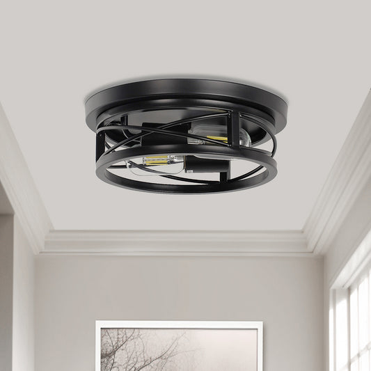 10.6 in. 2-Light Black Farmhouse Flush Mount with Drum Metal Cage Shade for Entryway Bedroom(2-Pack)