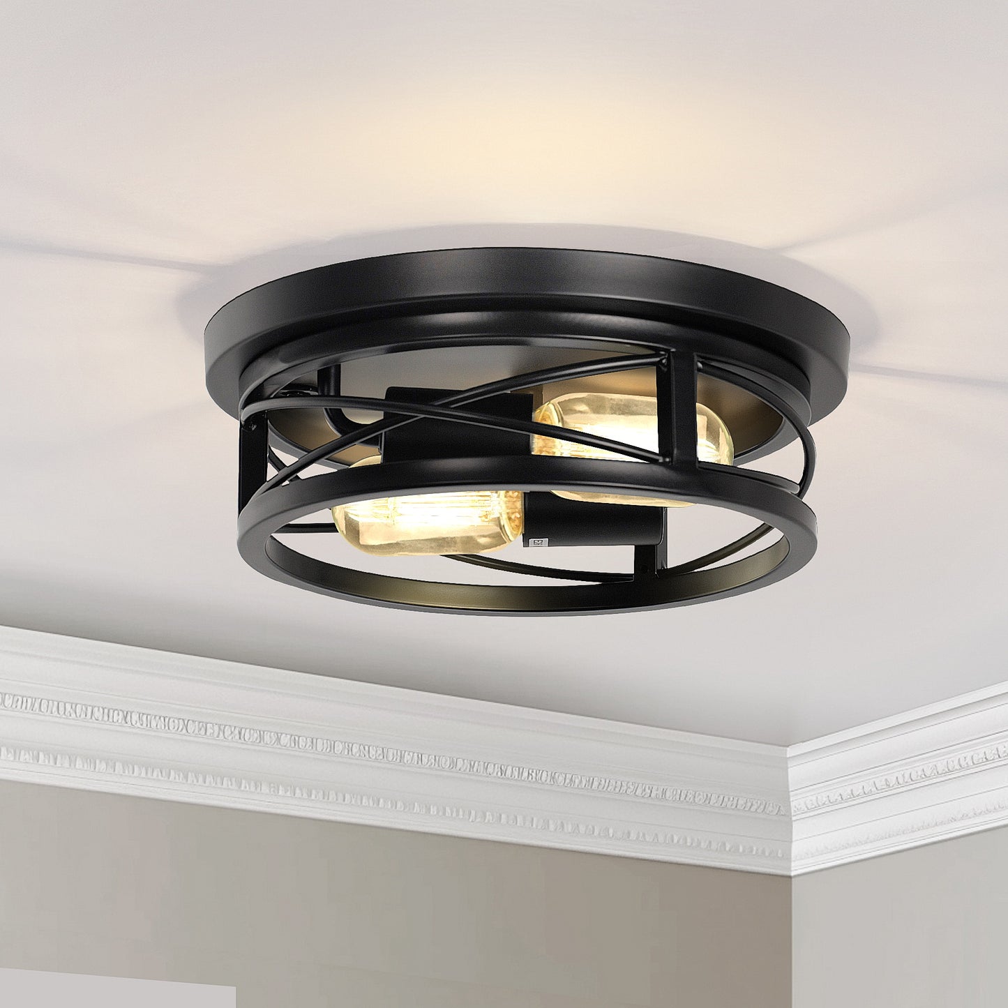 10.6 in. 2-Light Black Farmhouse Flush Mount with Drum Metal Cage Shade for Entryway Bedroom(2-Pack)