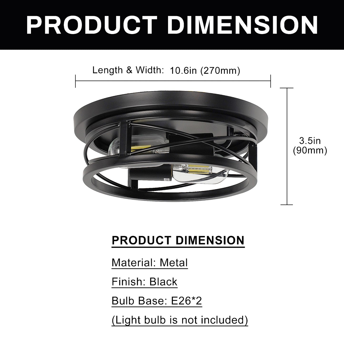 10.6 in. 2-Light Black Farmhouse Flush Mount with Drum Metal Cage Shade for Entryway Bedroom(2-Pack)