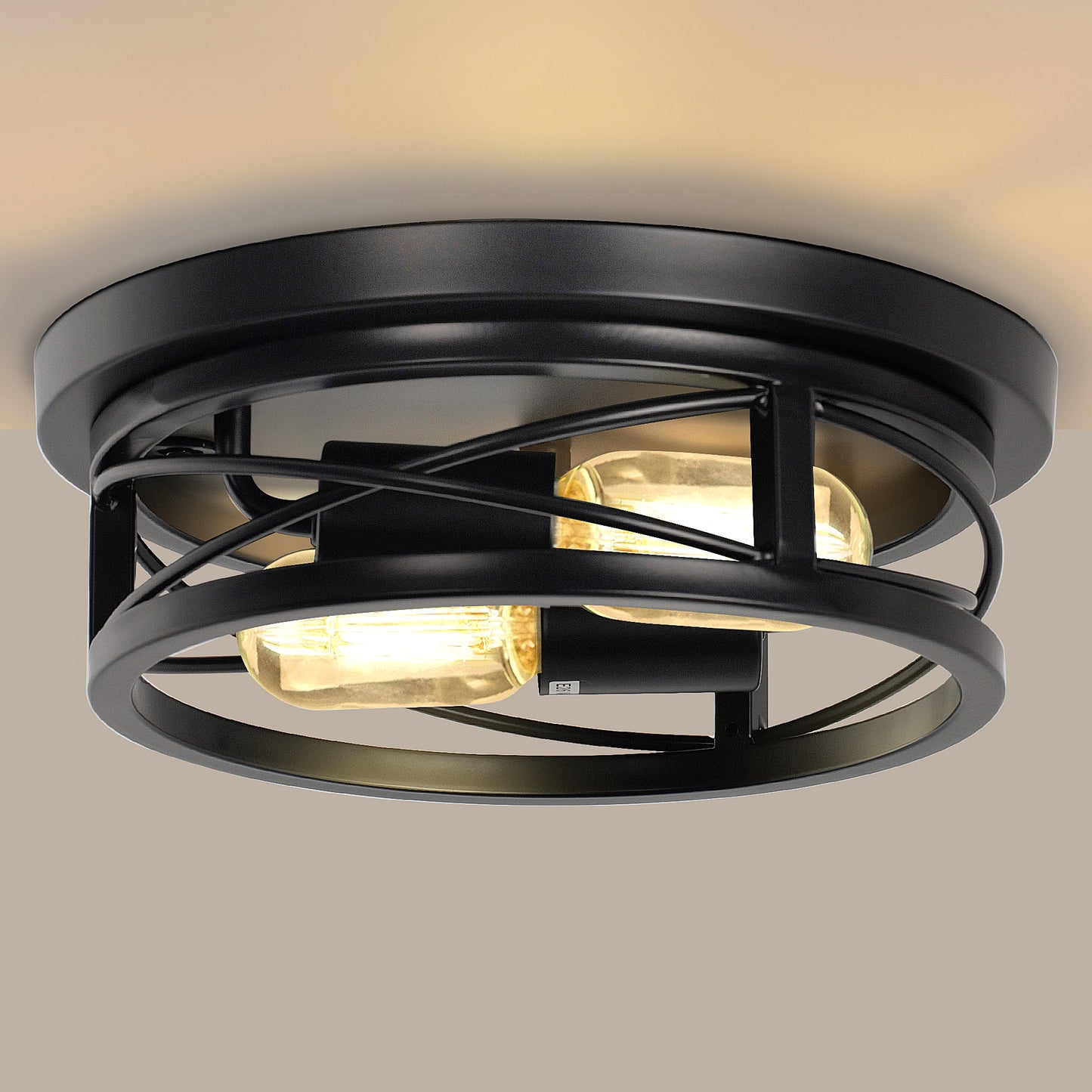 10.6 in. 2-Light Black Farmhouse Flush Mount with Drum Metal Cage Shade for Entryway Bedroom(2-Pack)
