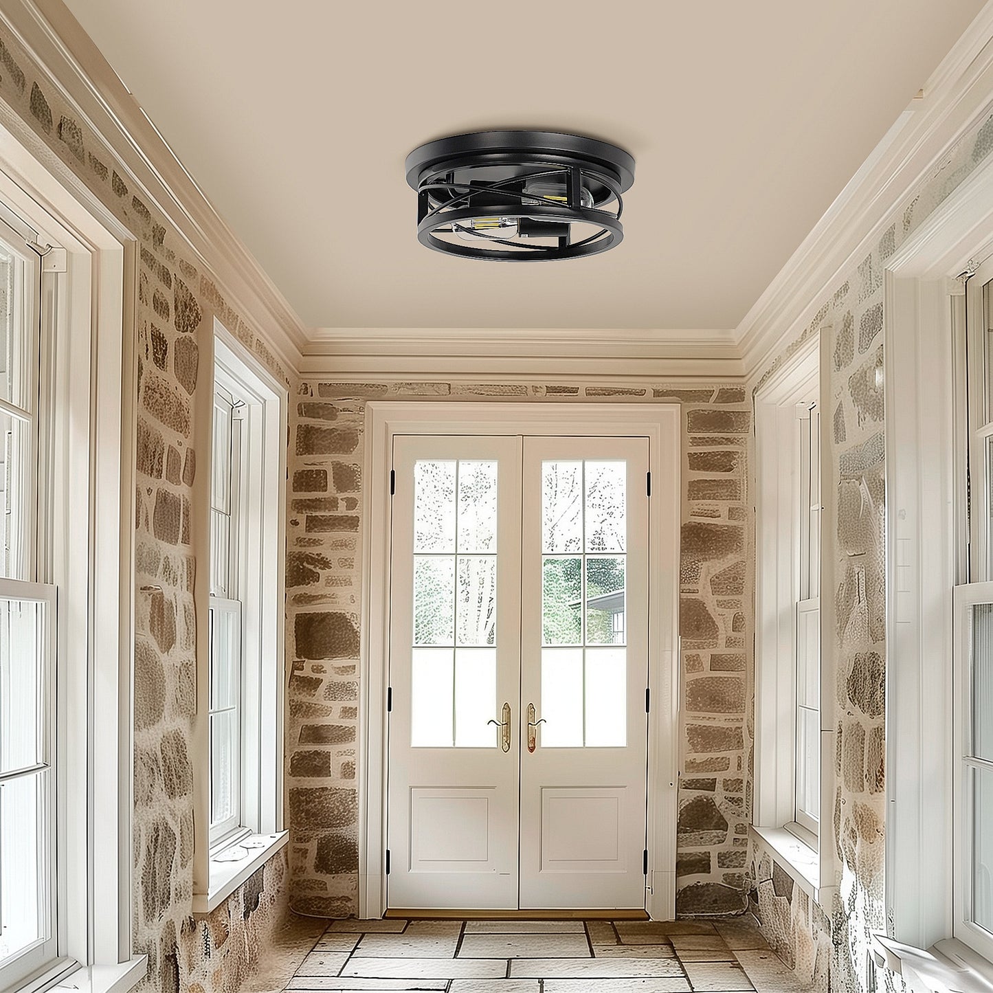 10.6 in. 2-Light Black Farmhouse Flush Mount with Drum Metal Cage Shade for Entryway Bedroom(2-Pack)