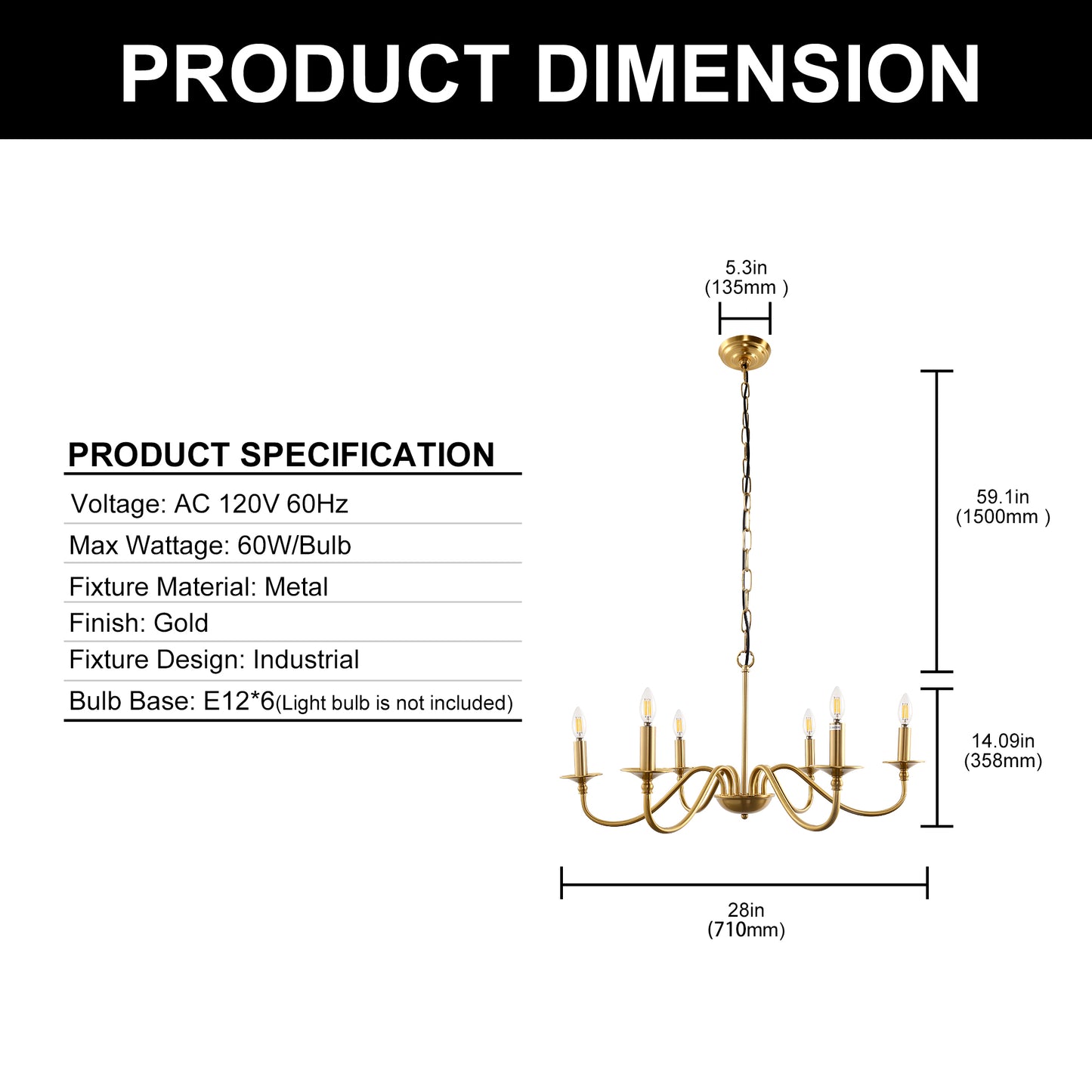 6-Light Gold Candle Rustic Industrial Iron Chandeliers for Dining Room Living Room