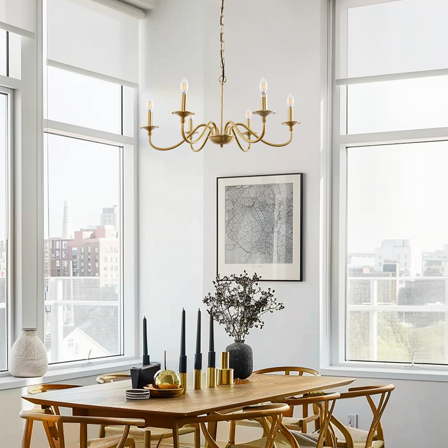 6-Light Gold Candle Rustic Industrial Iron Chandeliers for Dining Room Living Room